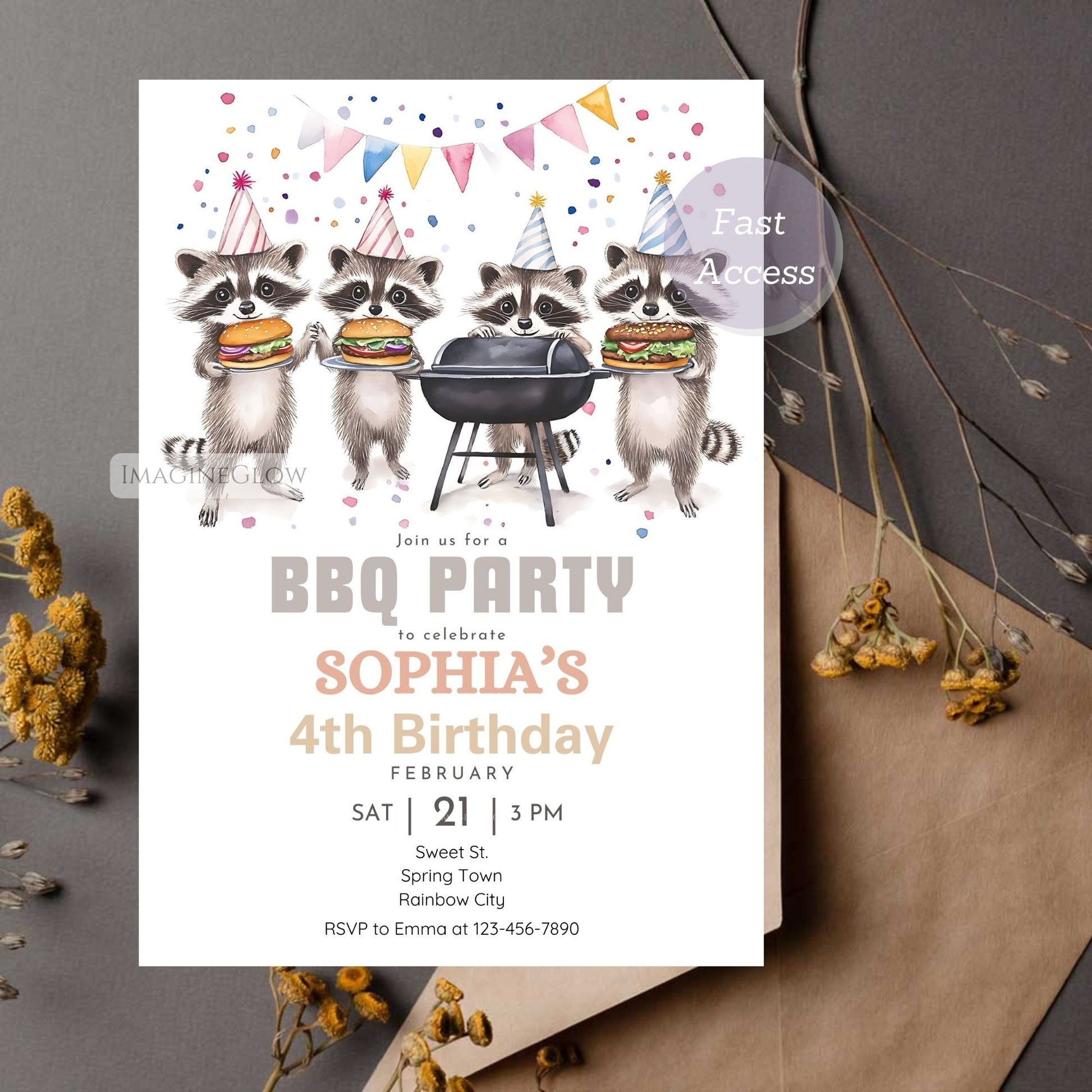 Fun woodland animal BBQ invitation with festive decorations.