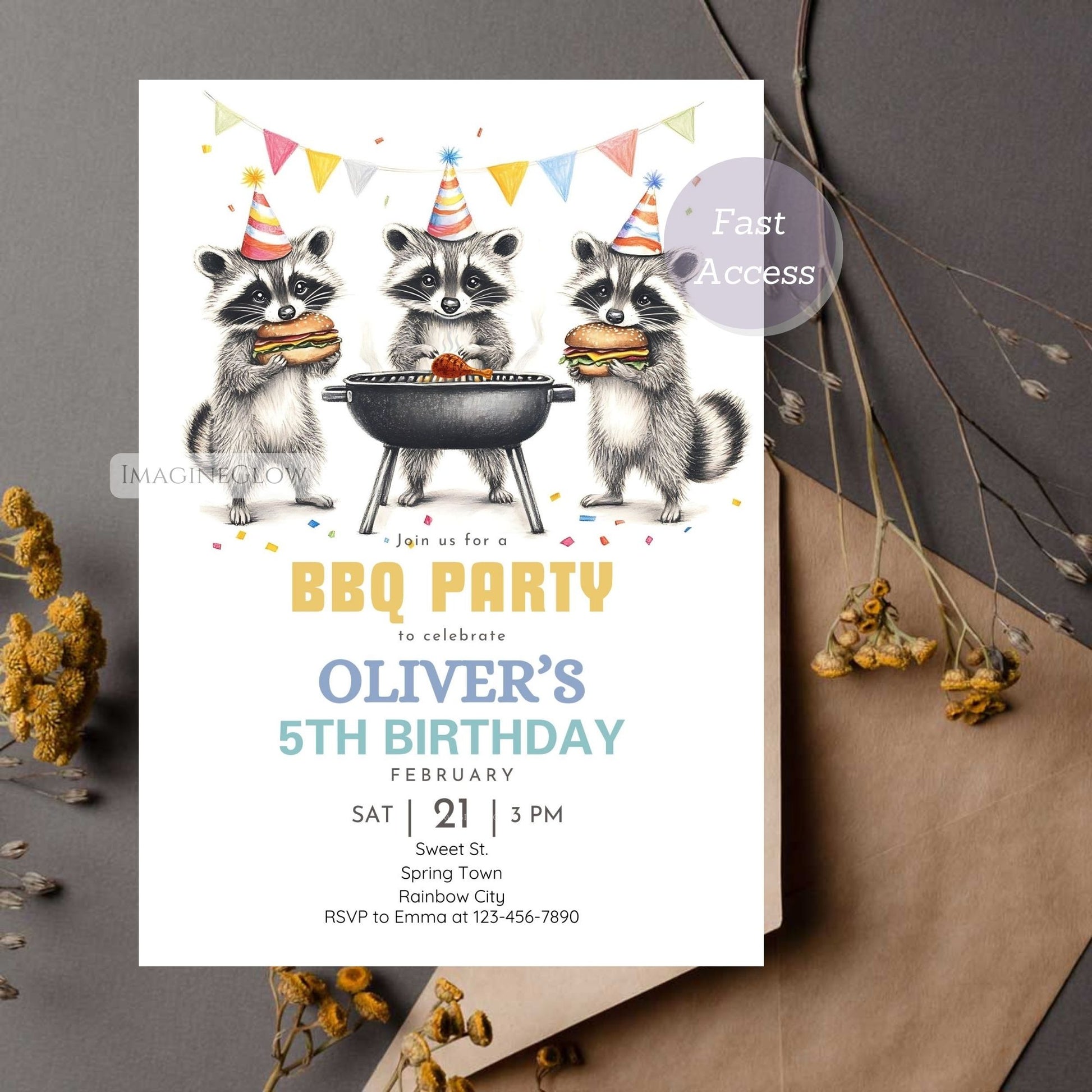 Digital raccoon BBQ birthday invitation for instant download.