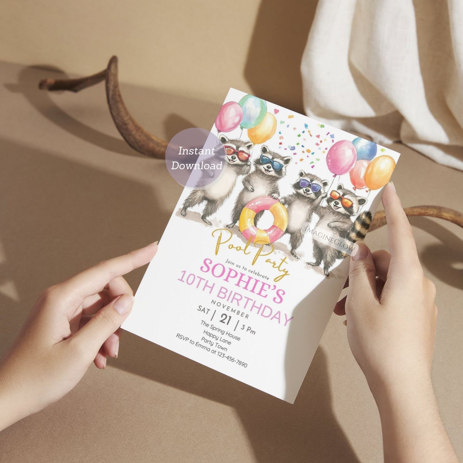 High-resolution raccoon pool party invite for summer birthdays.
Digital raccoon birthday invitation for instant download.
Raccoon-themed pool party invitation for a kids' summer bash.