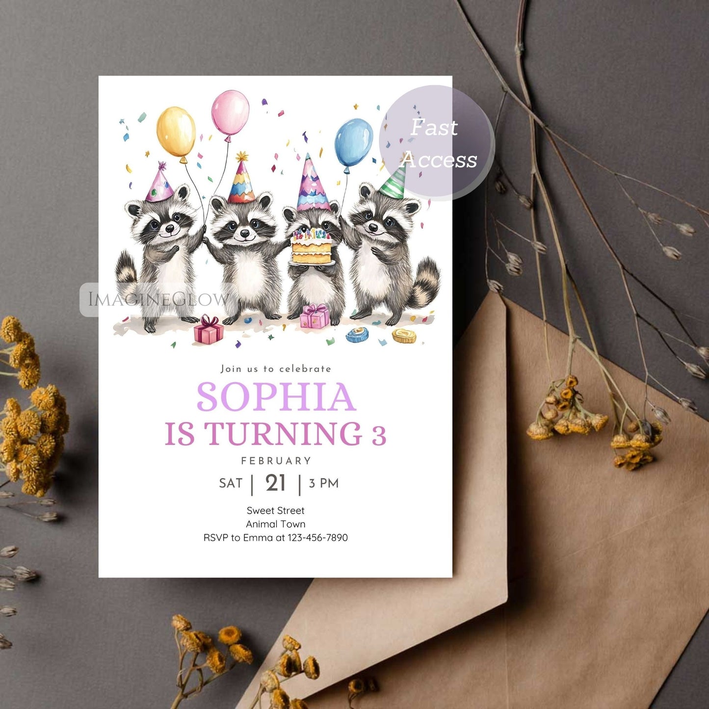 Raccoon Birthday Invitation - Woodland Animal Party Invite