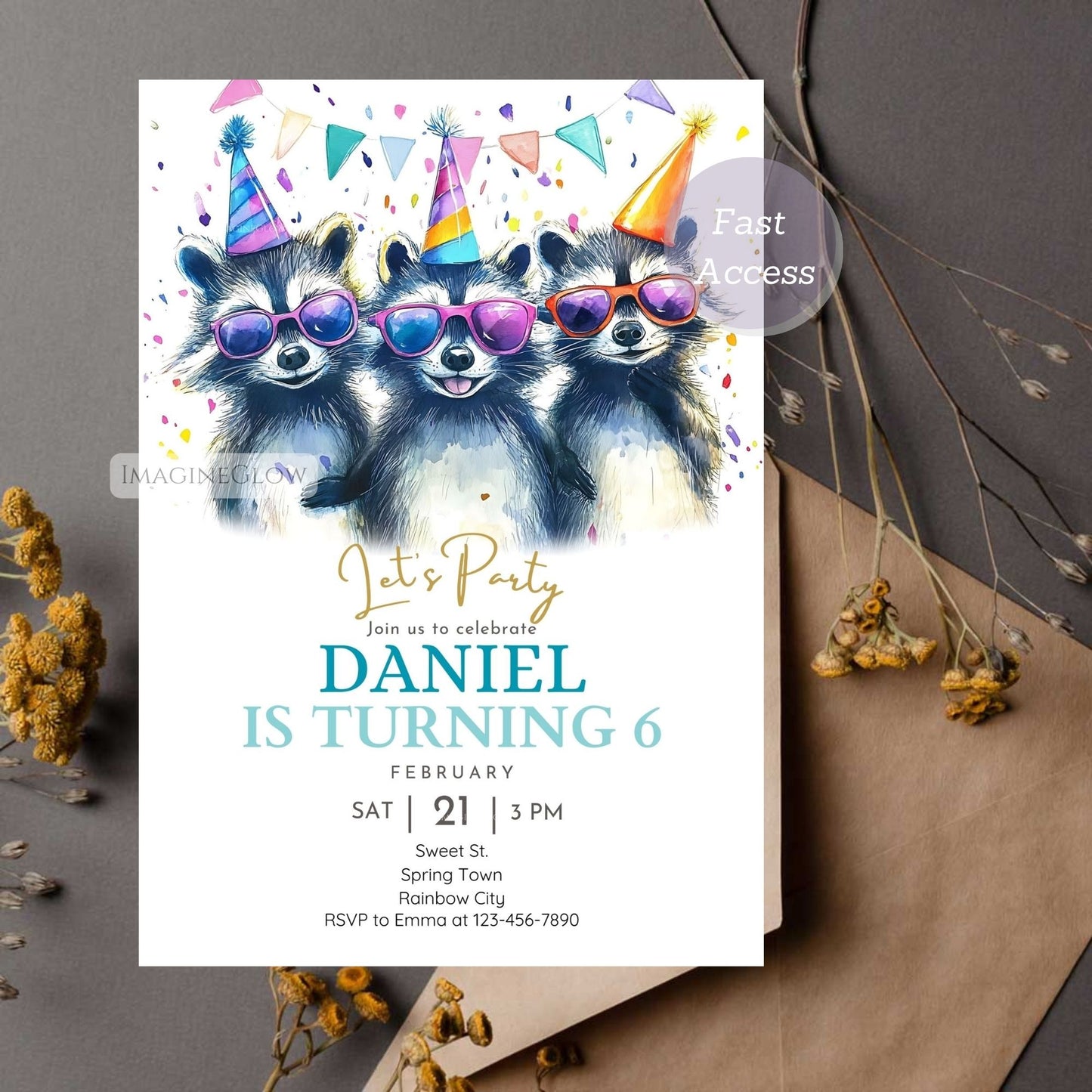 Woodland raccoon birthday invitation digital download
