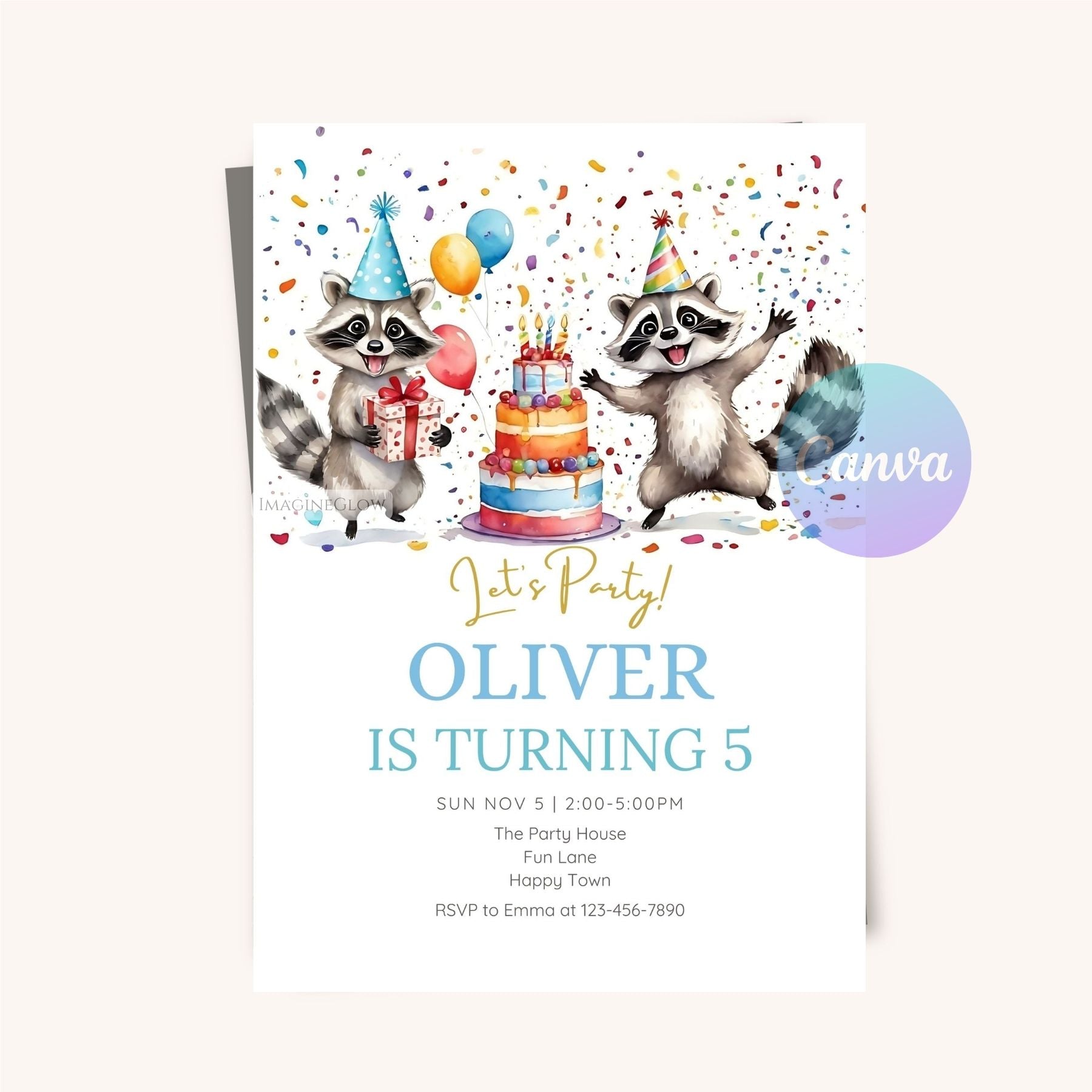 Raccoon invitation for a whimsical forest birthday party.