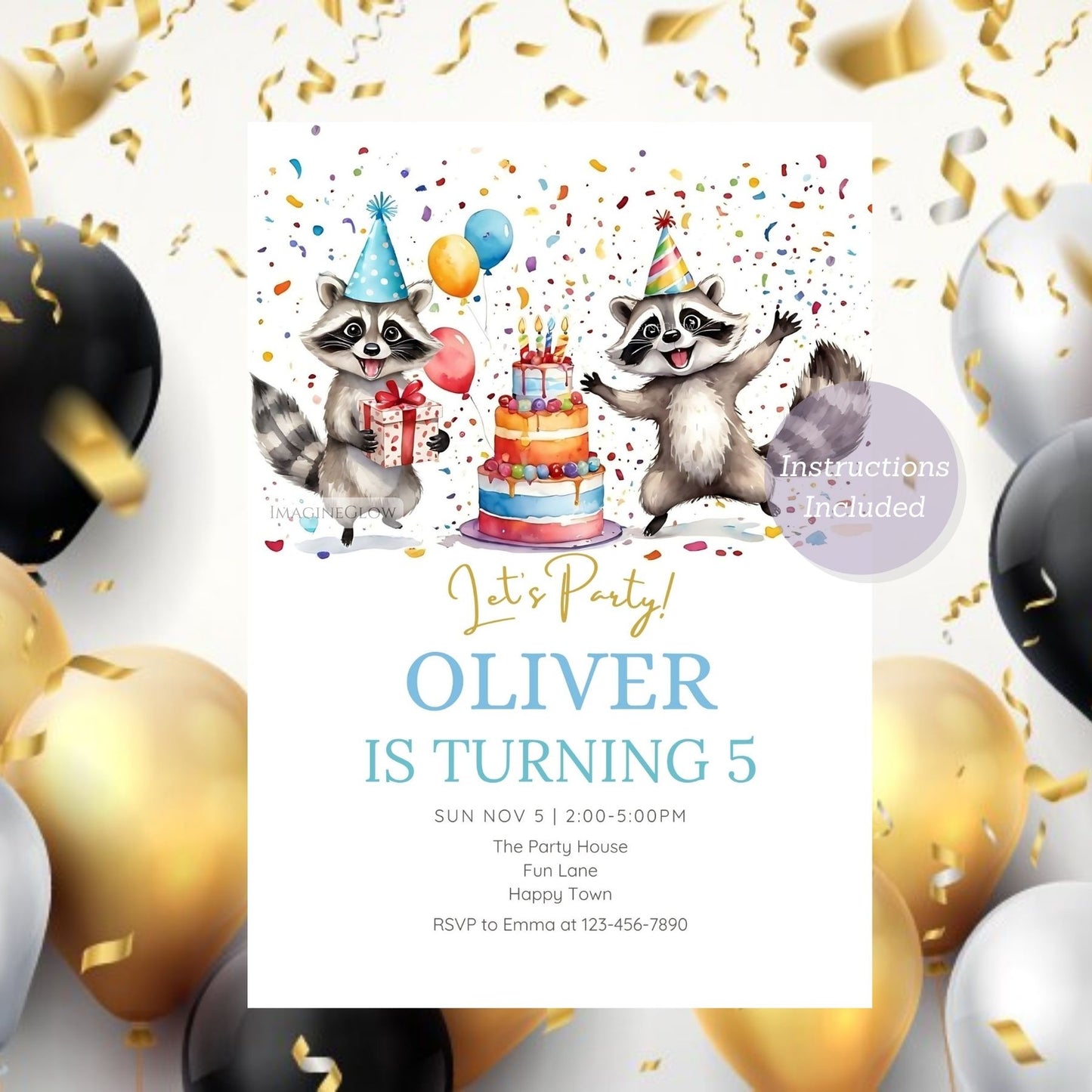 Printable raccoon birthday invite for children’s celebrations.