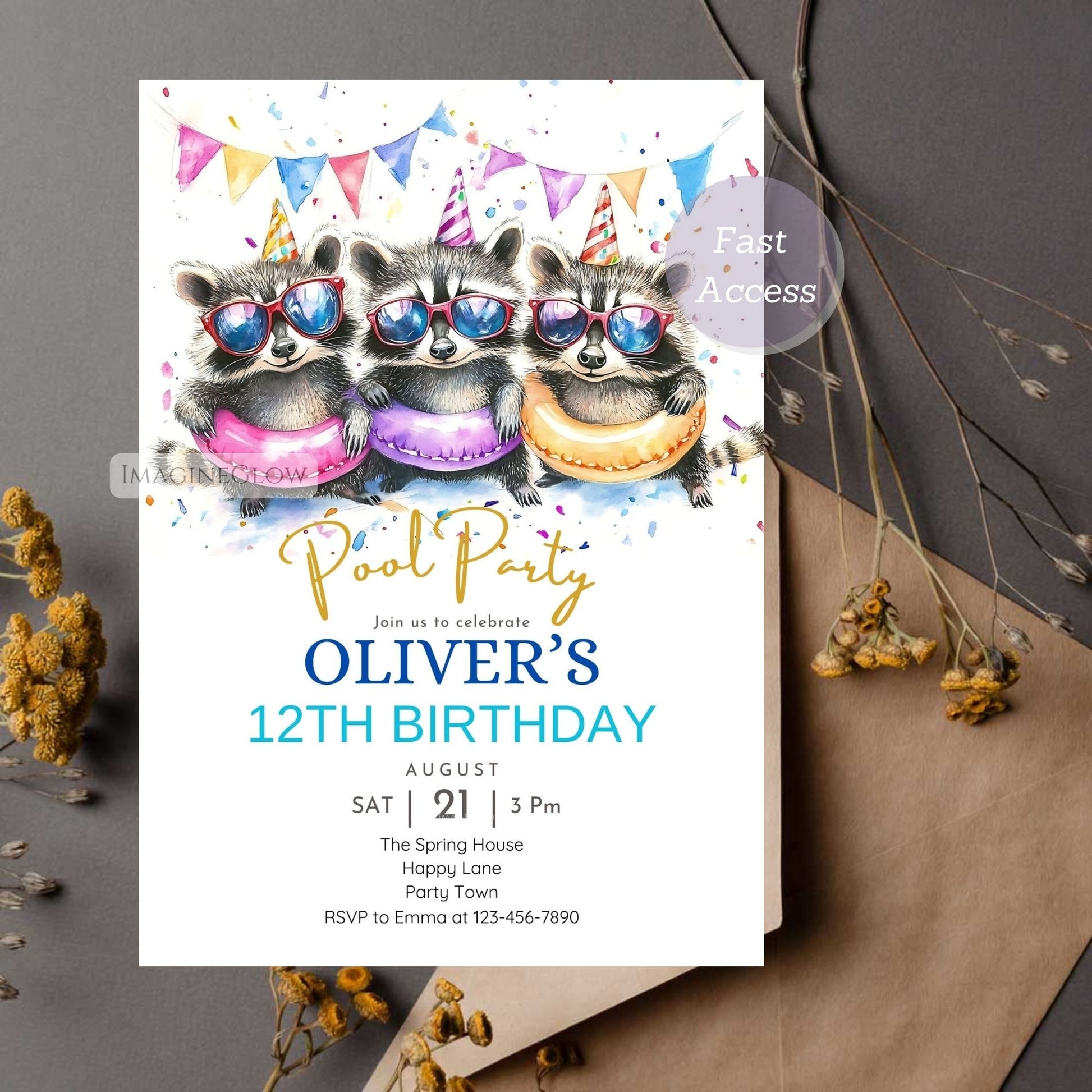 Digital raccoon birthday invitation for instant download.
Raccoon-themed pool party invitation for a kids' summer bash.