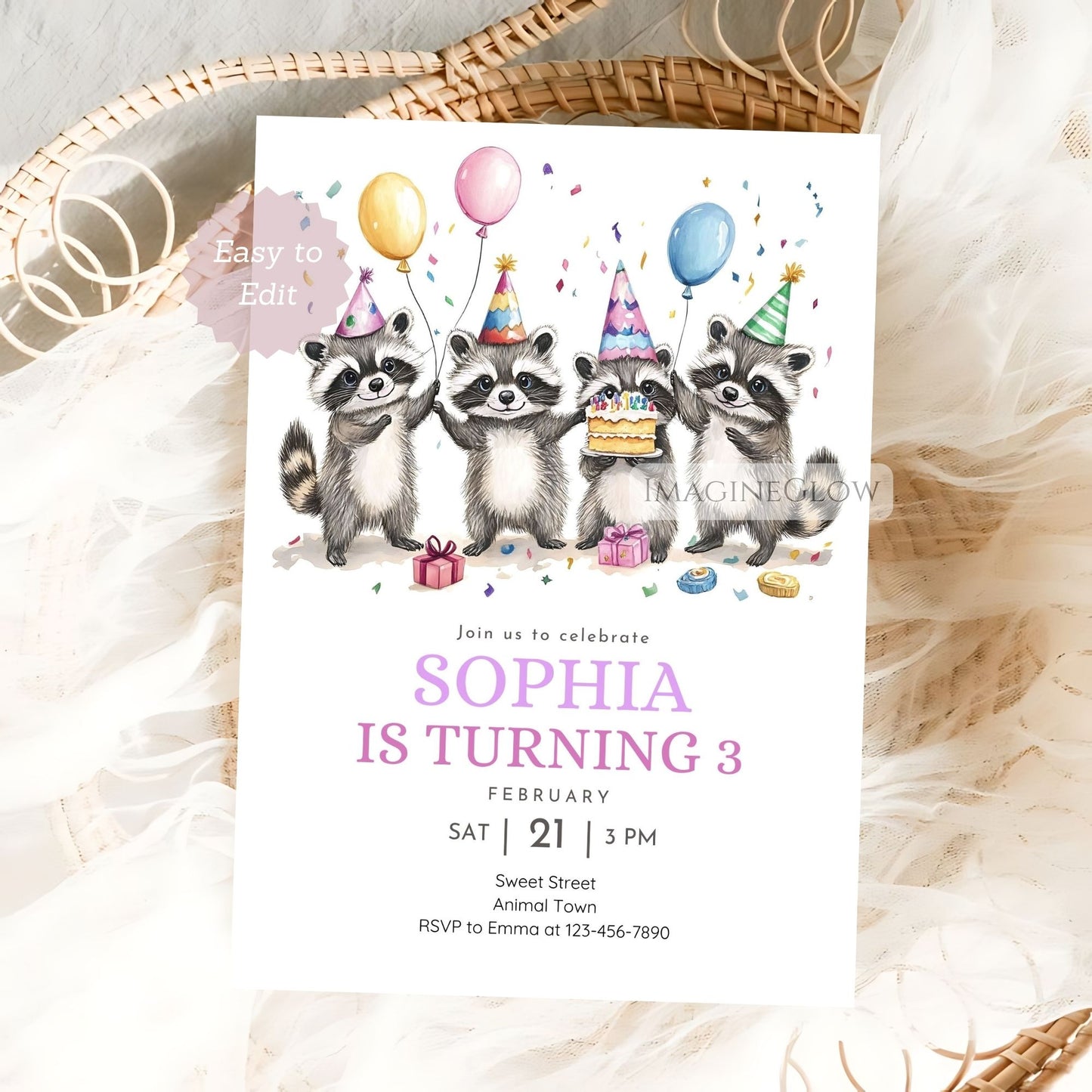 Raccoon Birthday Invitation - Woodland Animal Party Invite