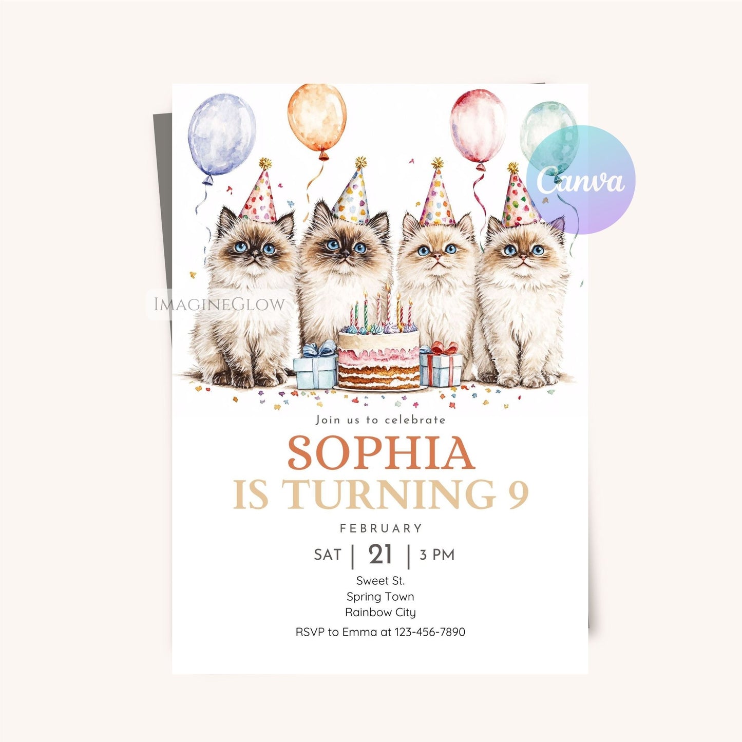 printable cat party invite
ragdoll kittens with balloons birthday card
