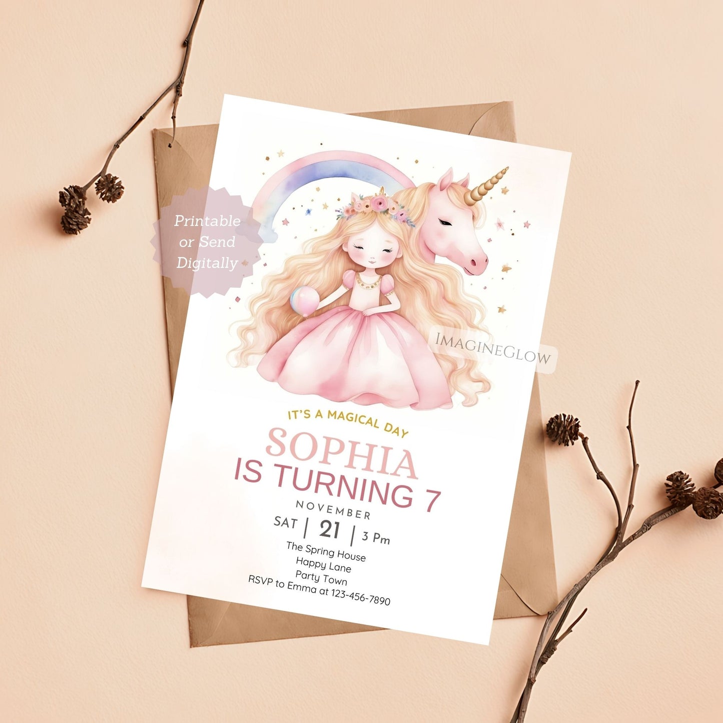 Rainbow and unicorn-themed princess birthday invite