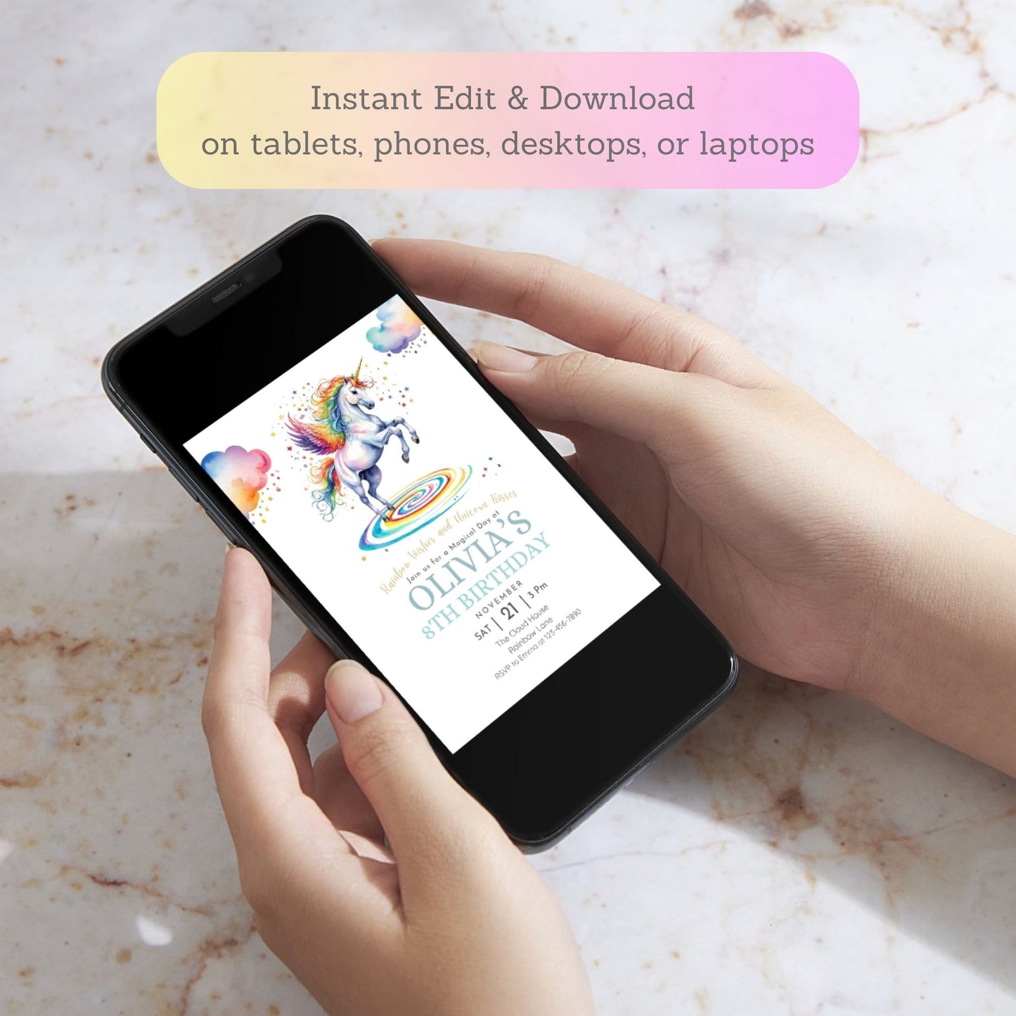 Canva-editable girl’s unicorn birthday invite.