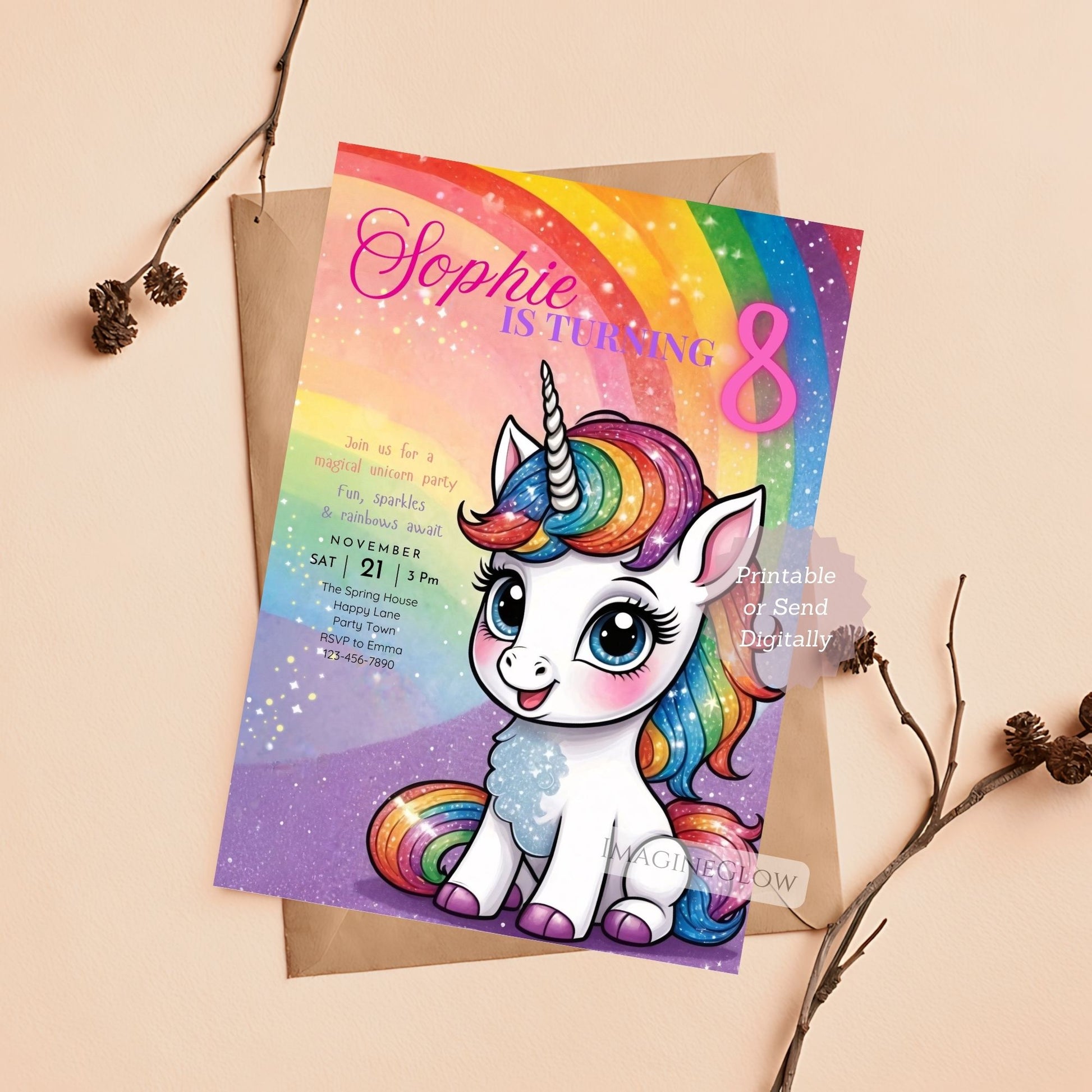 Unicorn birthday invitation with pastel colors and rainbows.