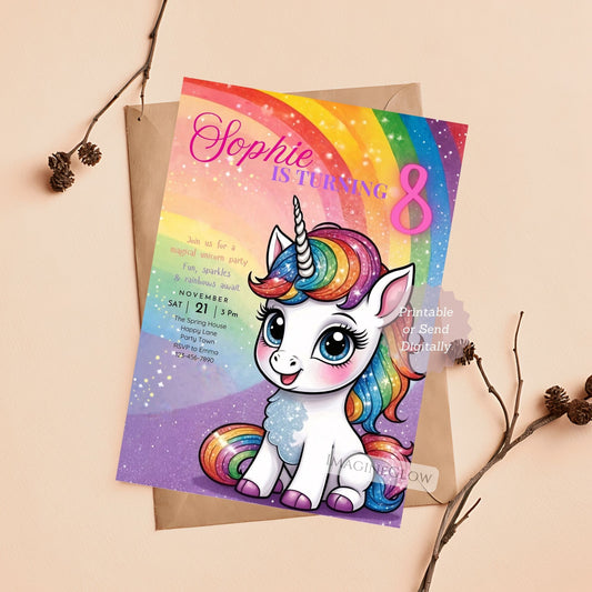Unicorn birthday invitation with pastel colors and rainbows.