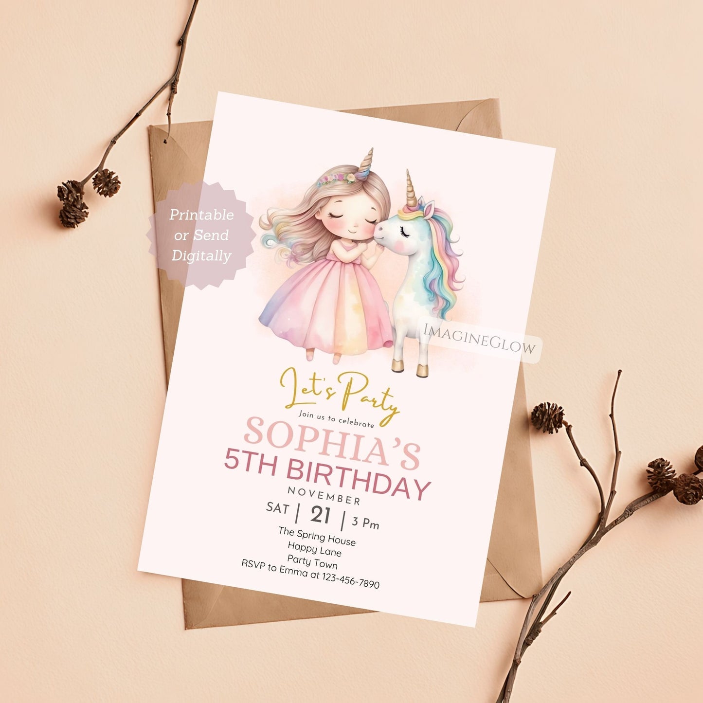 Digital unicorn and princess birthday invite