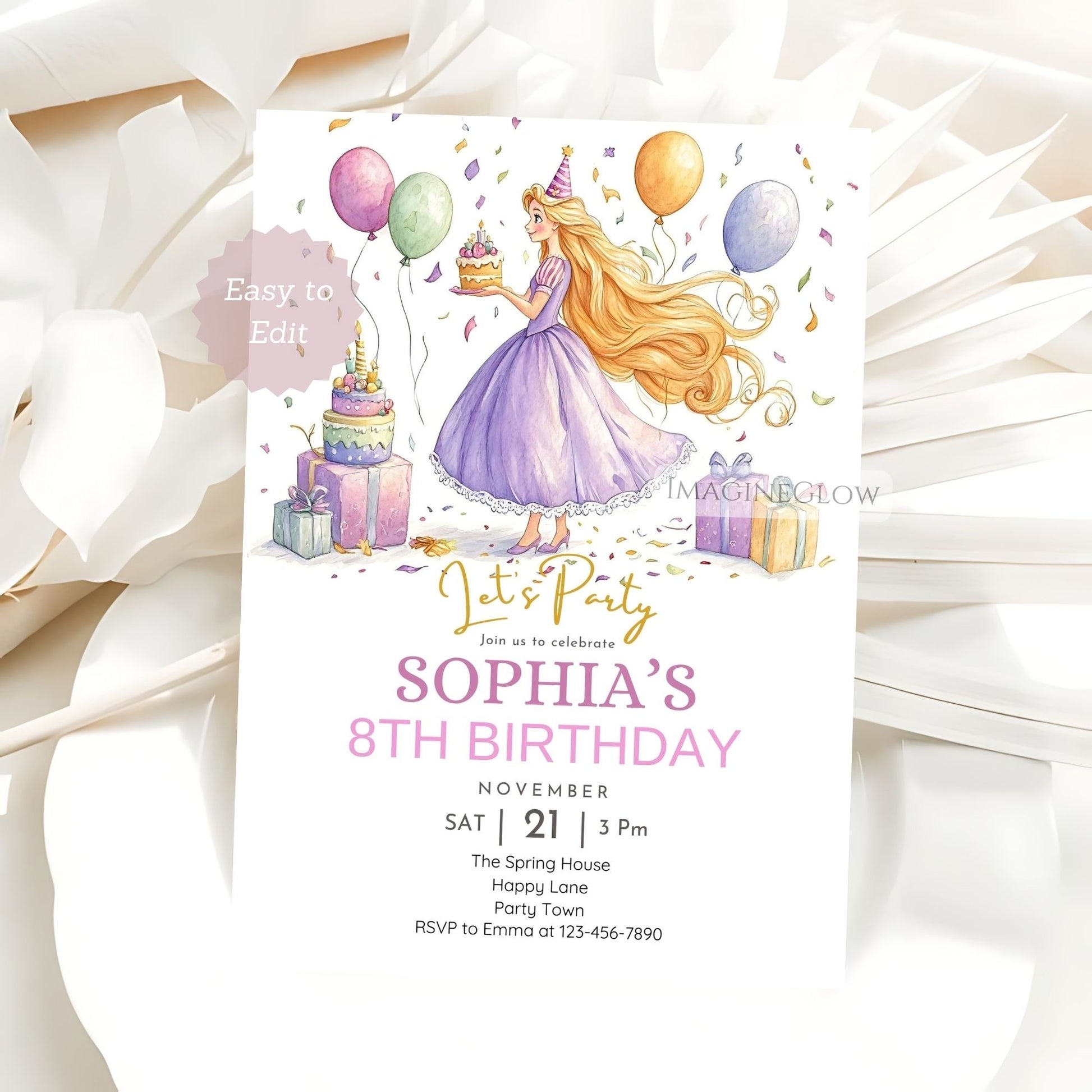 Rapunzel birthday invitation featuring golden hair and floral design