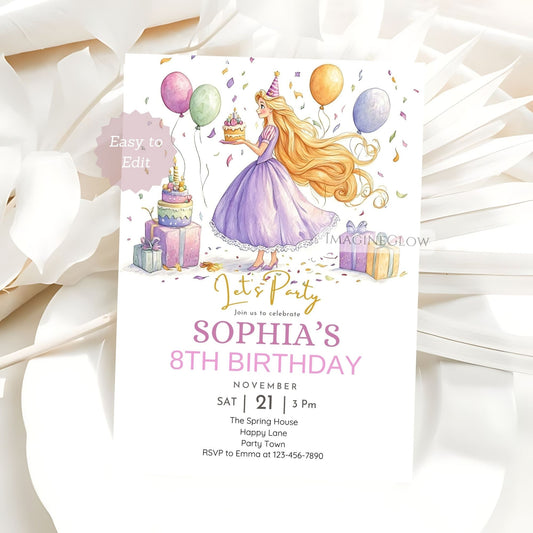 Rapunzel birthday invitation featuring golden hair and floral design
