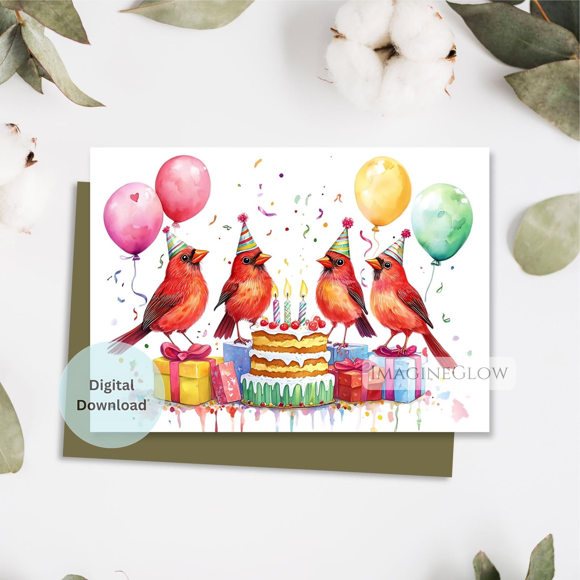 Birthday card with four red birds wearing party hats, balloons, and a cake on a white background.