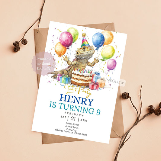 Bearded dragon birthday invitation with colorful decorations.