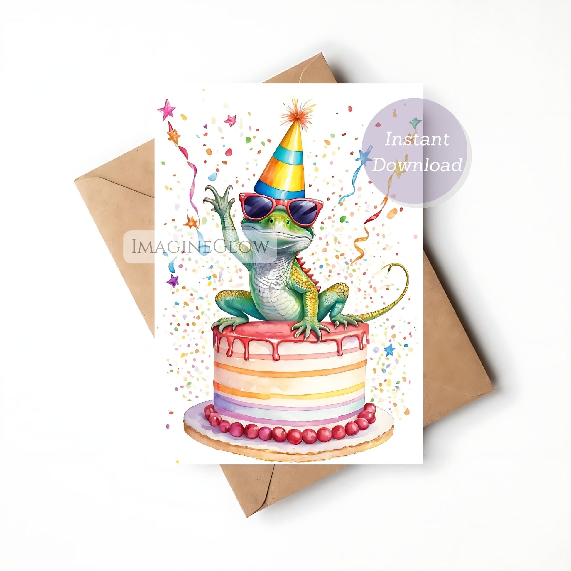 Greeting card with a lizard on a cake wearing a party hat and sunglasses