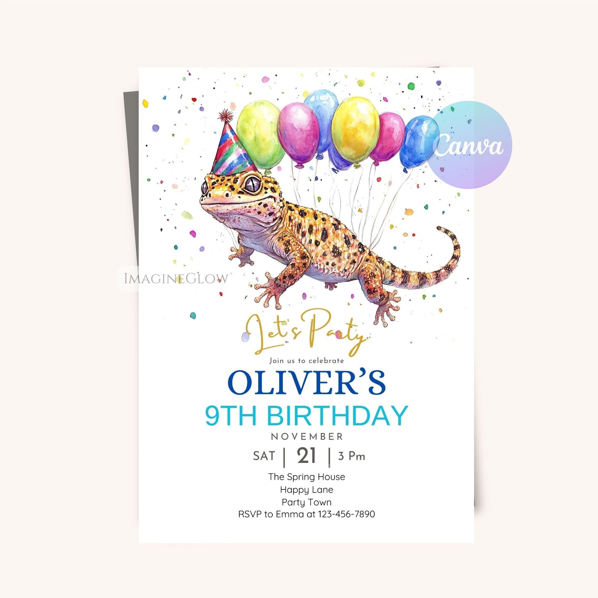 Leopard gecko lizard birthday invitation for animal lovers.