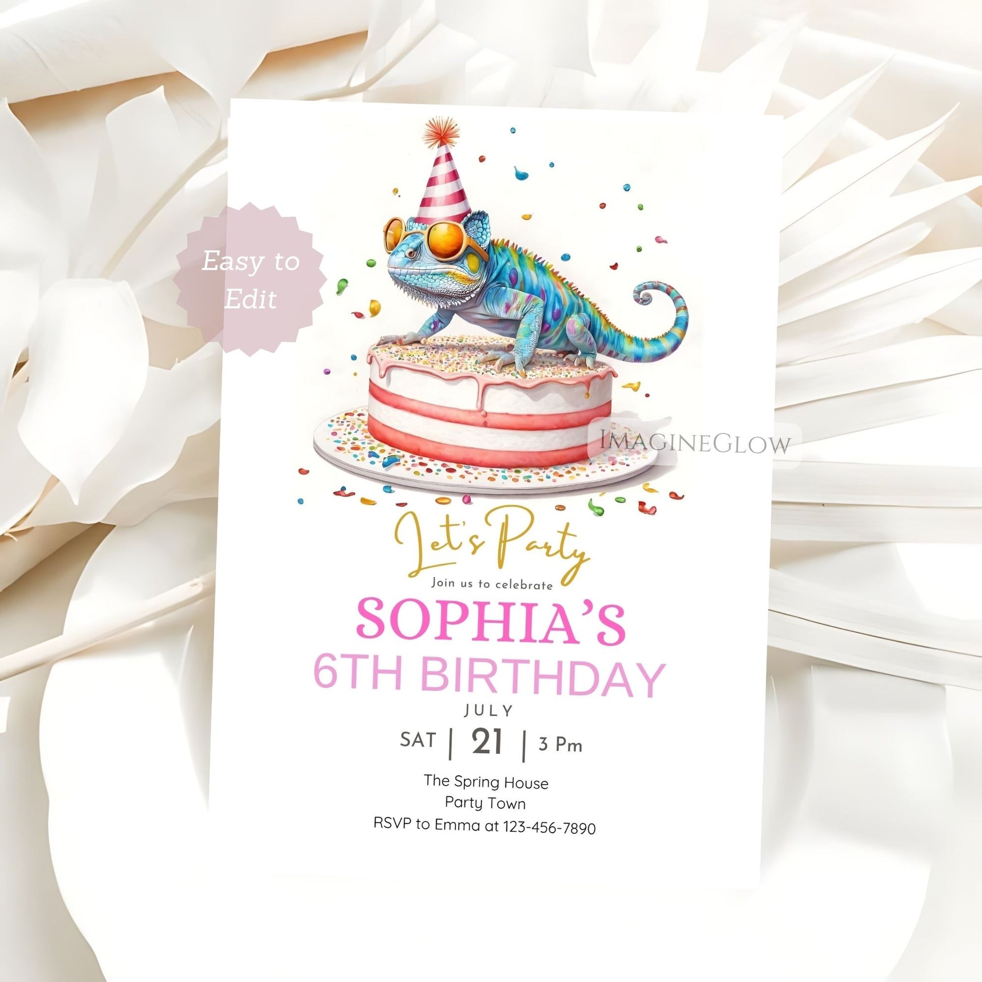 Birthday invitation card with a chameleon on a cake, surrounded by white flowers.