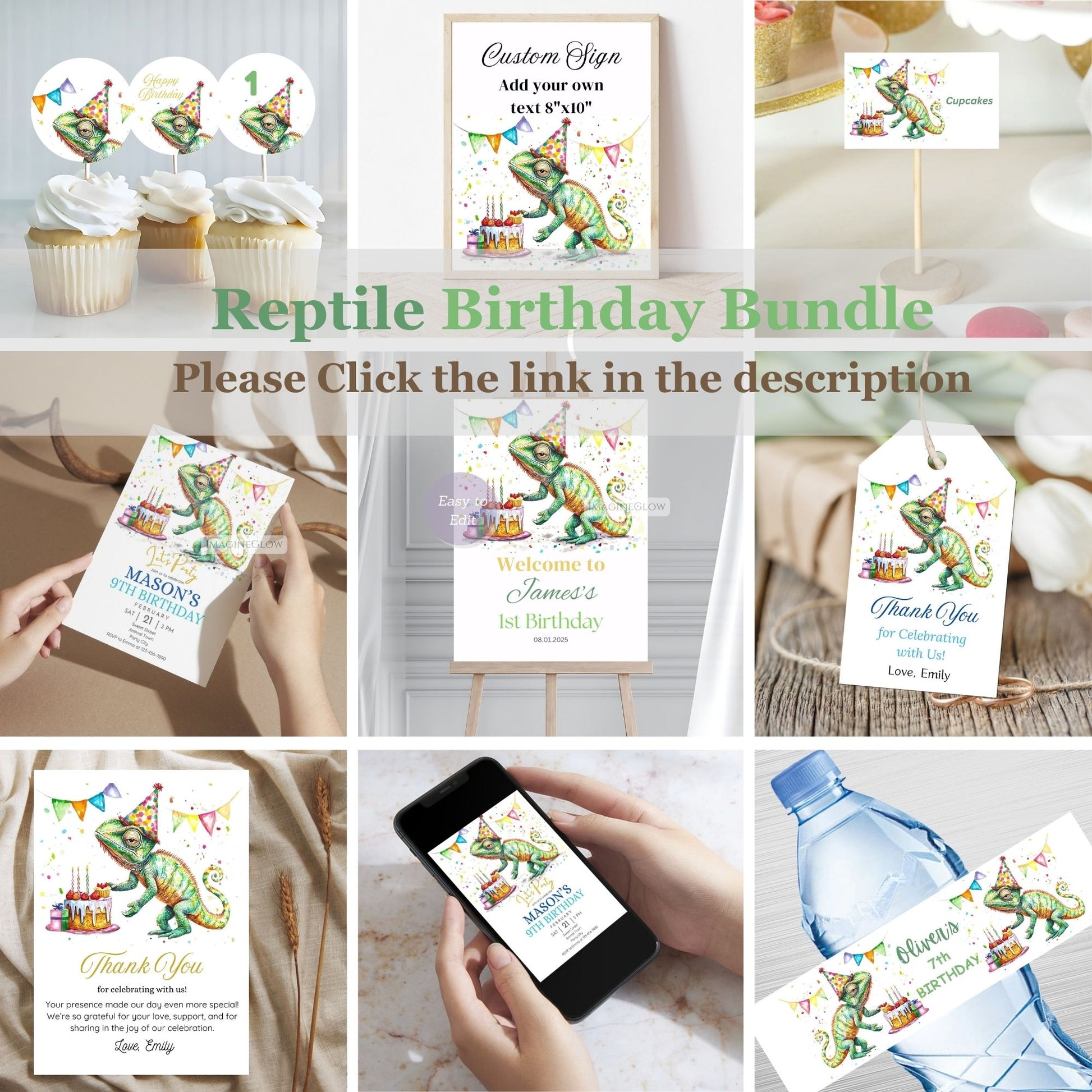 Printable reptile birthday set with chameleon artwork