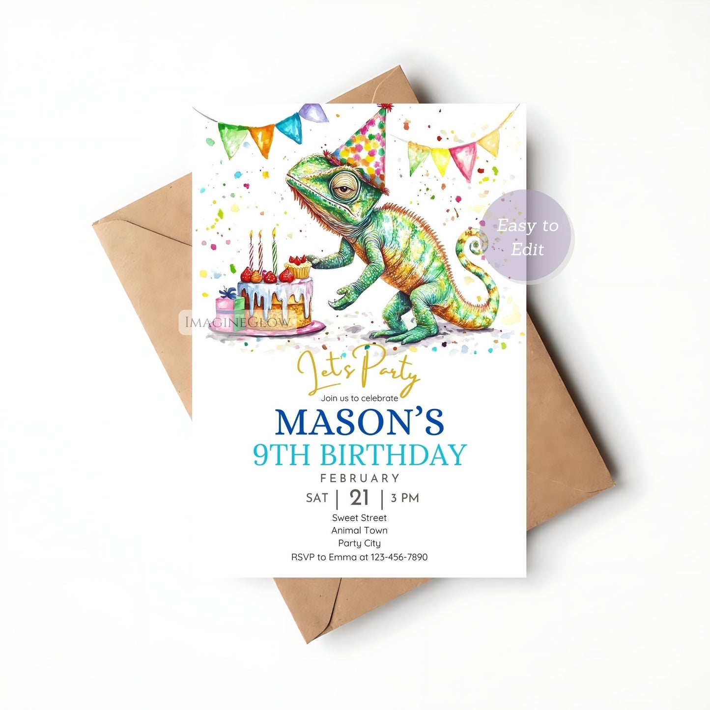 Reptile-themed birthday party invite for kids.
Editable chameleon party invitation template.