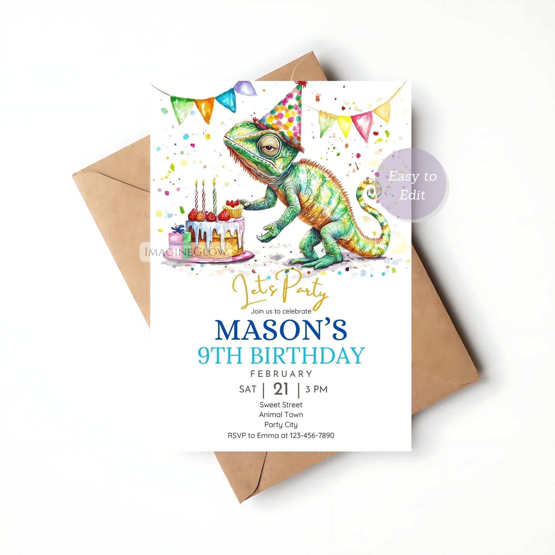 Reptile-themed birthday party invite for kids.
Editable chameleon party invitation template.