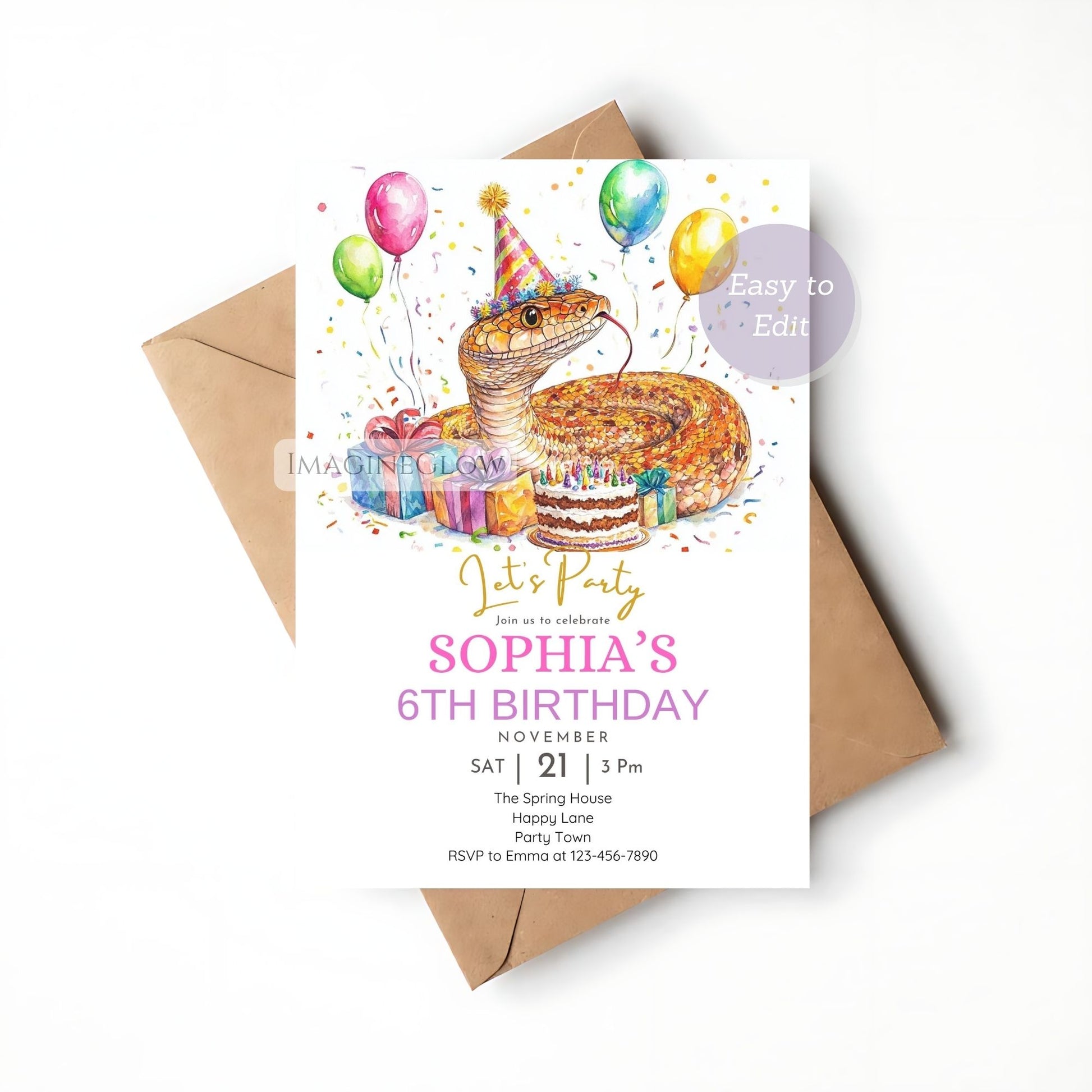 Printable corn snake reptile birthday invite