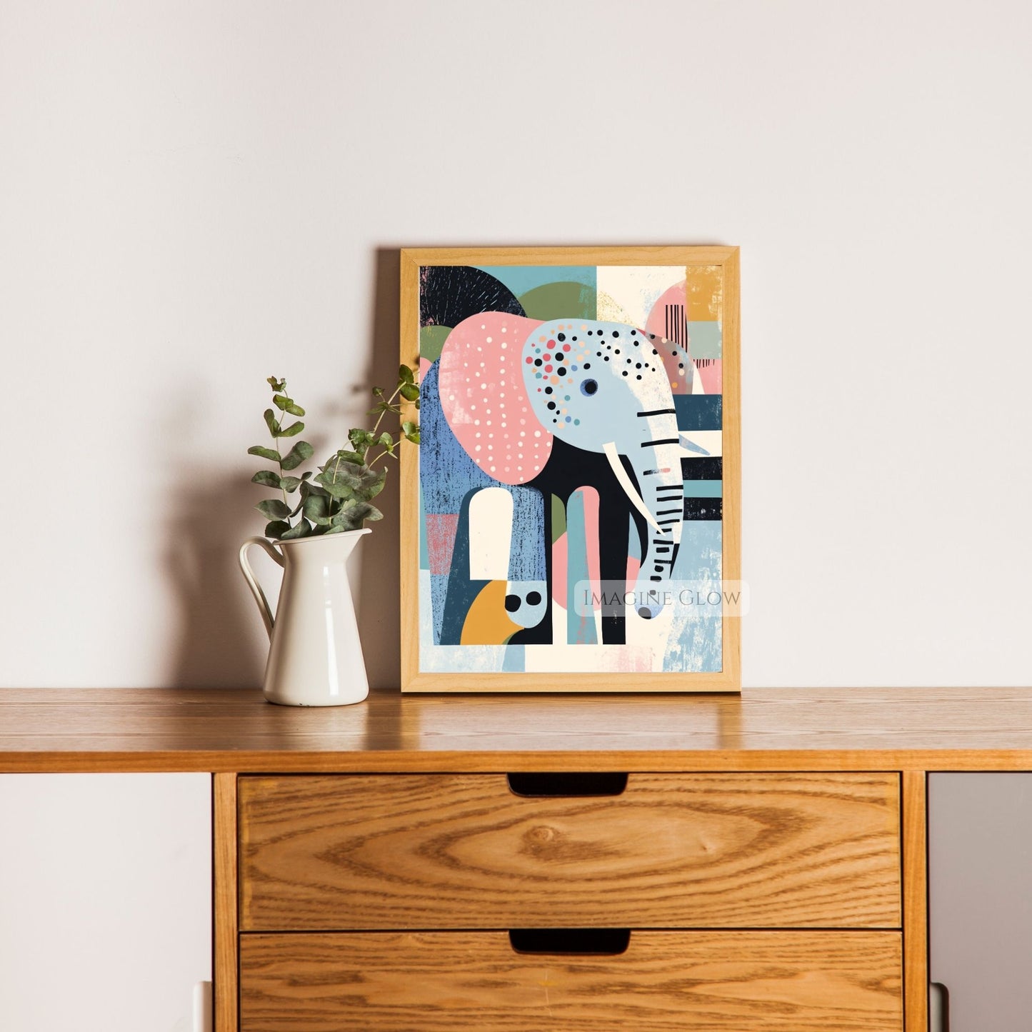 Digital abstract animal art featuring a giraffe, elephant, and fox.