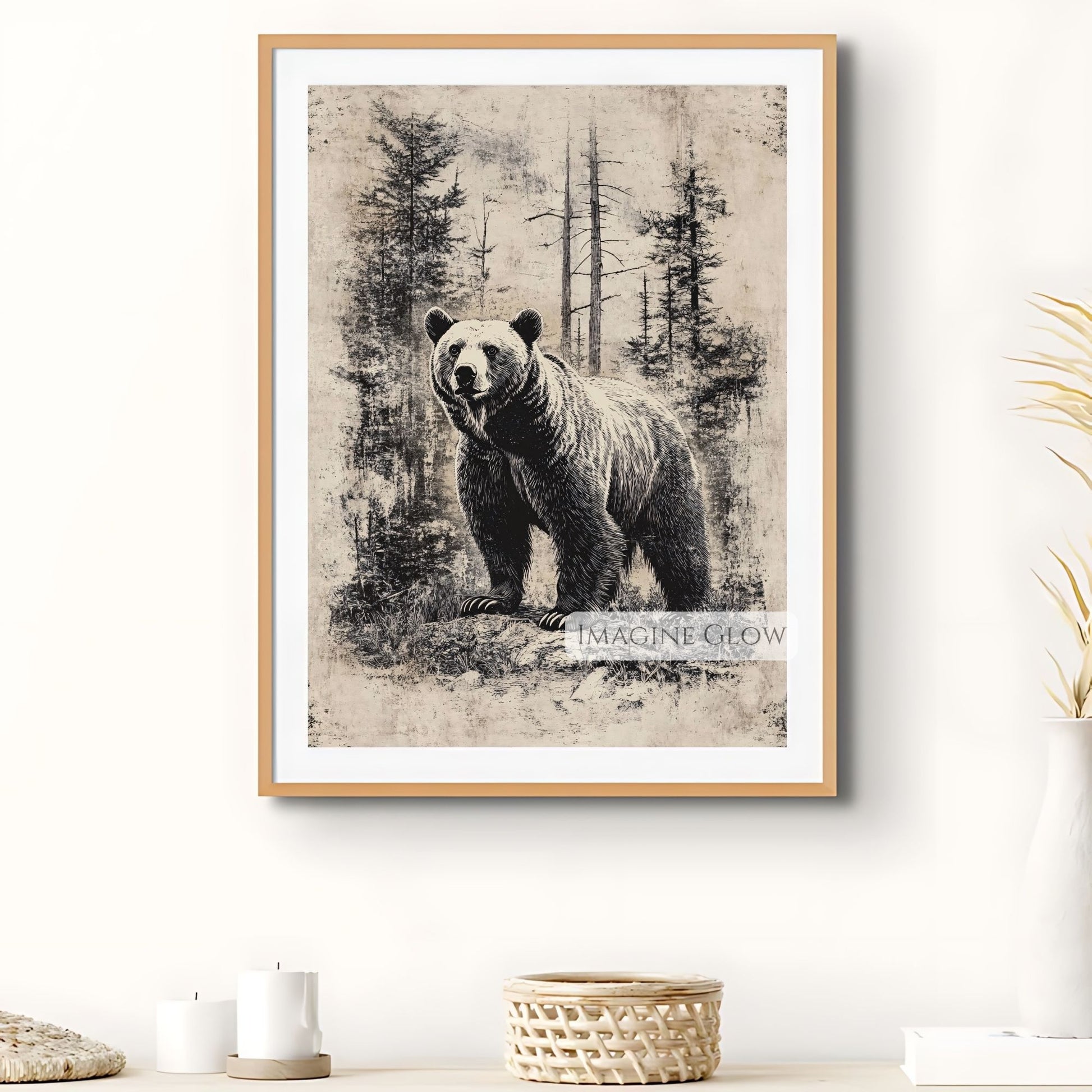 Nature wildlife art featuring a bear in the woods.