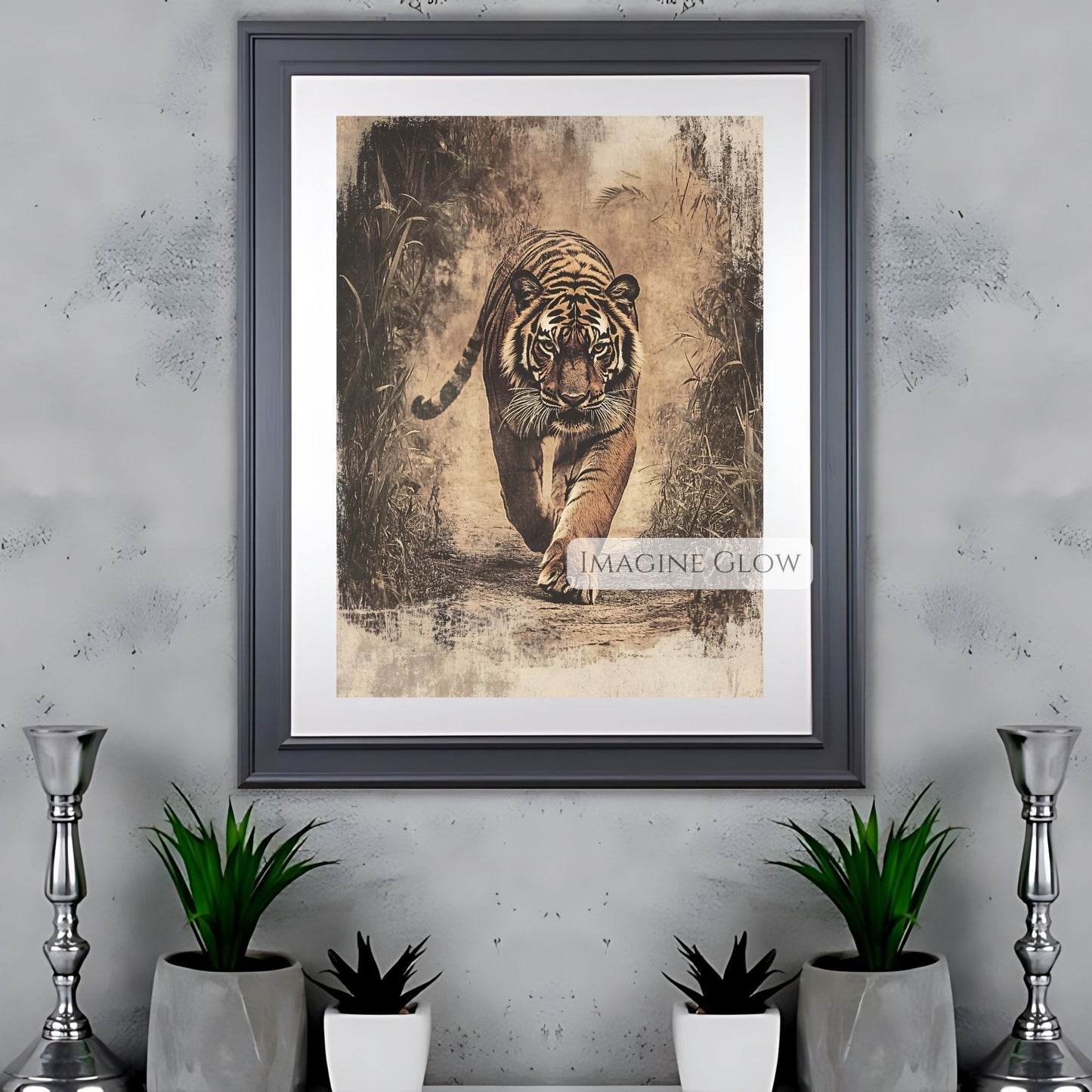 Tiger walking through jungle landscape digital art.