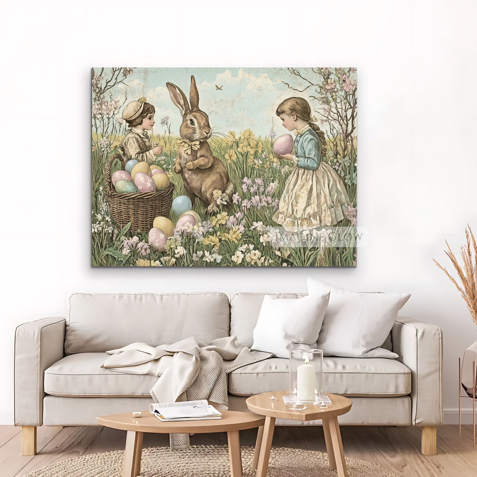 Spring classroom art of children gathering eggs.