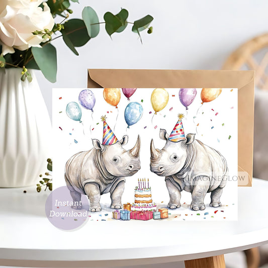 Birthday card with rhinos, balloons, and a cake on a white surface.
