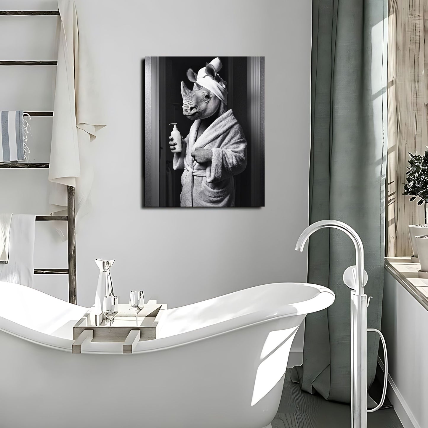 Black-and-white rhino art perfect for contemporary bathrooms. Animal taking a bath funny bathroom photo