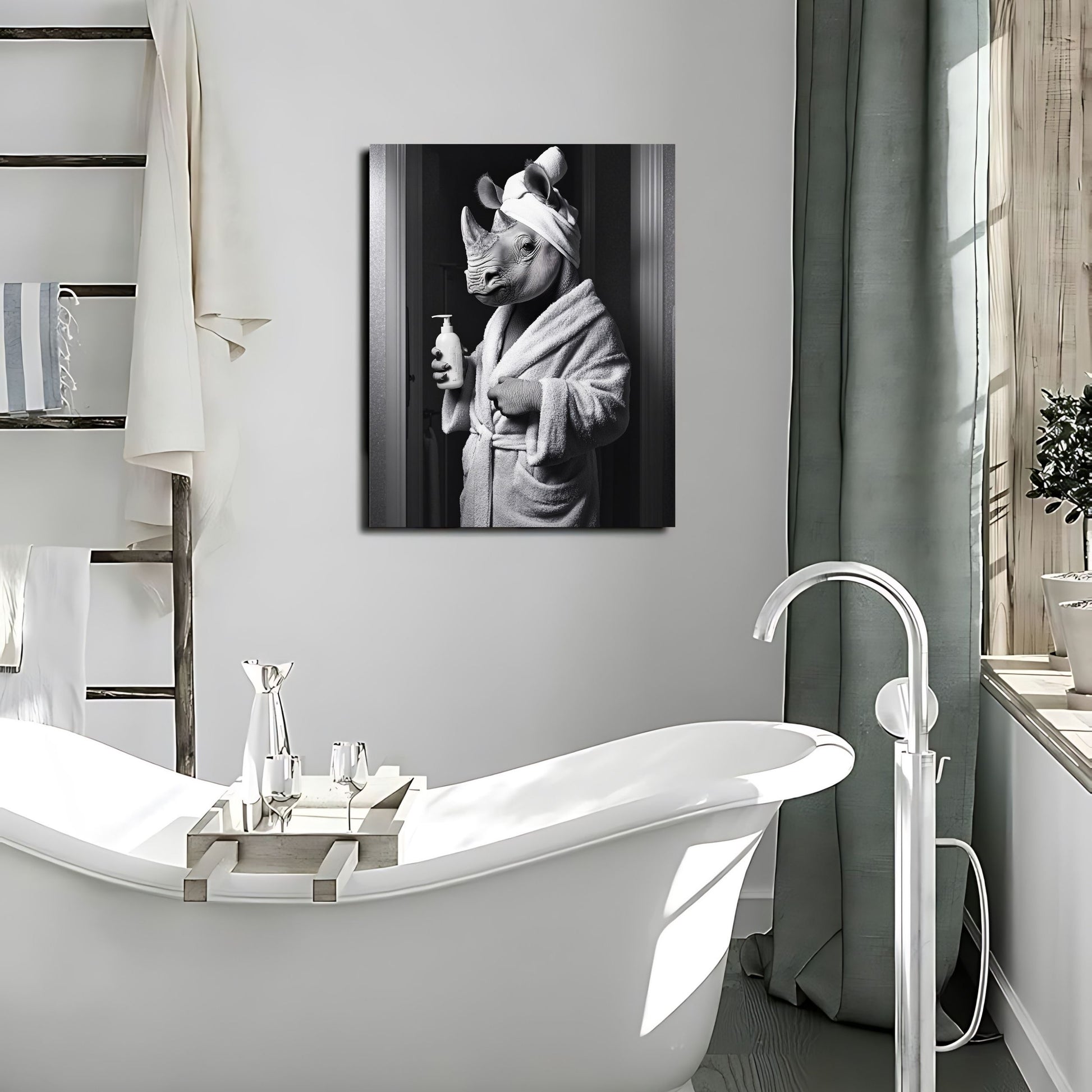 Black-and-white rhino art perfect for contemporary bathrooms. Animal taking a bath funny bathroom photo