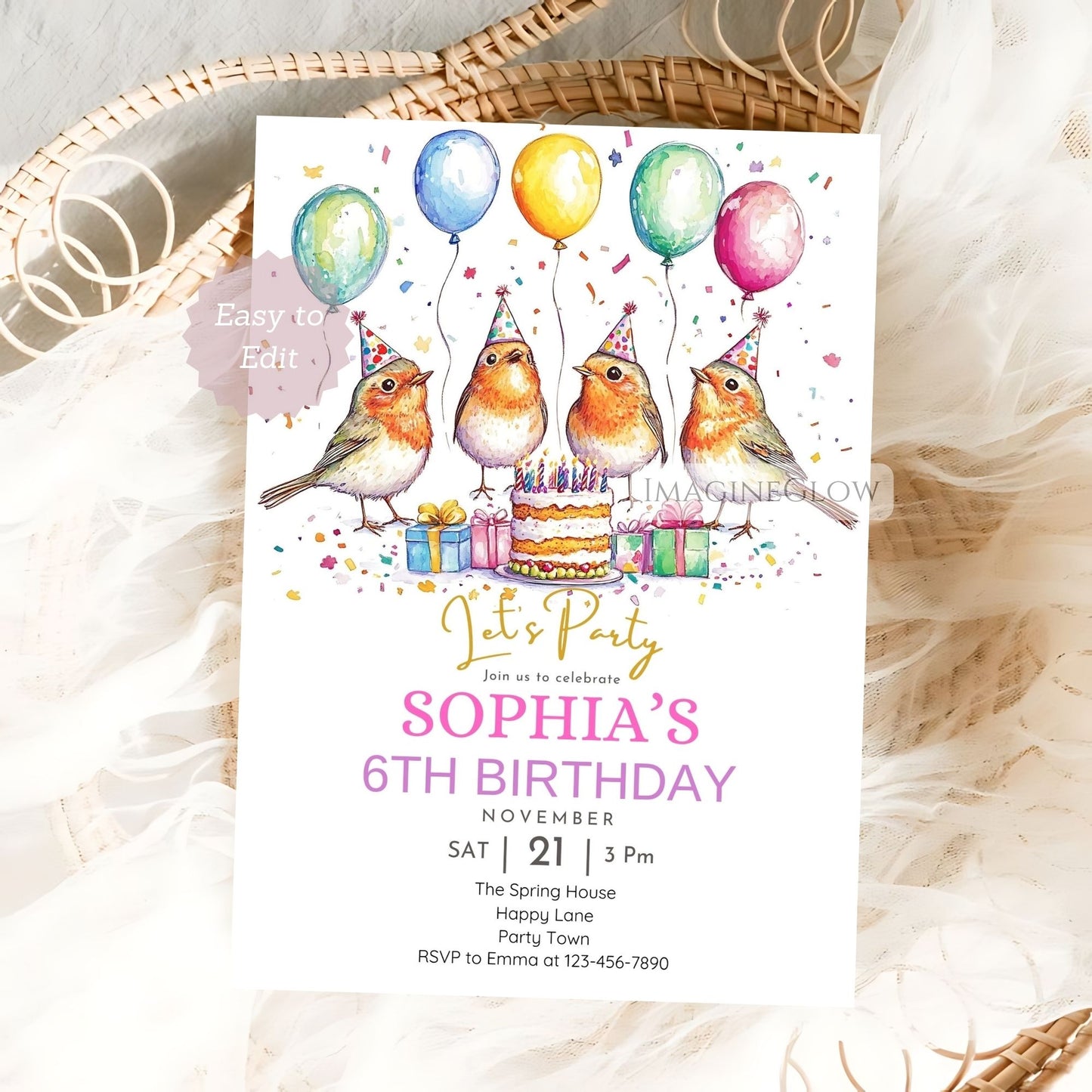 Robin bird birthday invitation for kids