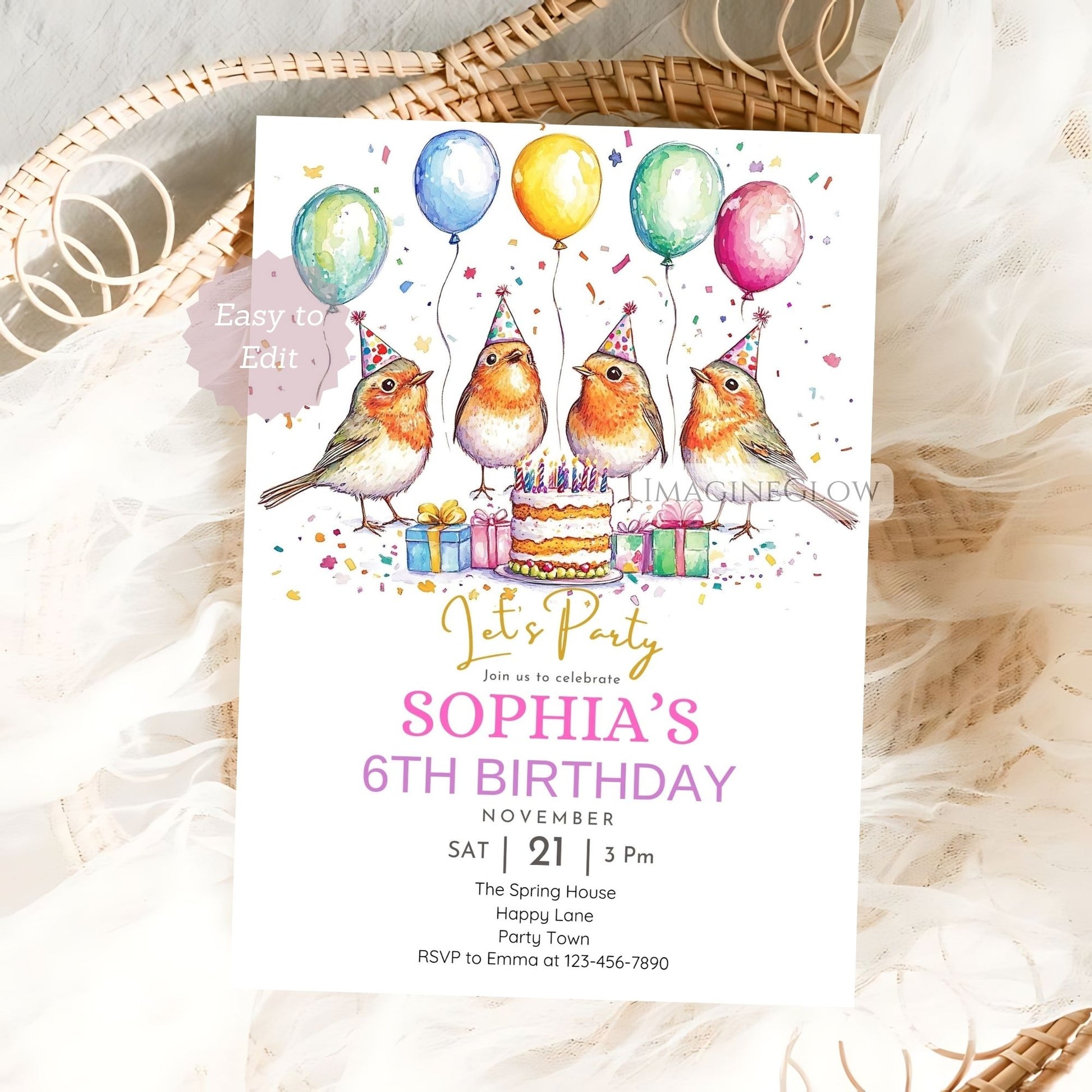 Robin bird birthday invitation for kids