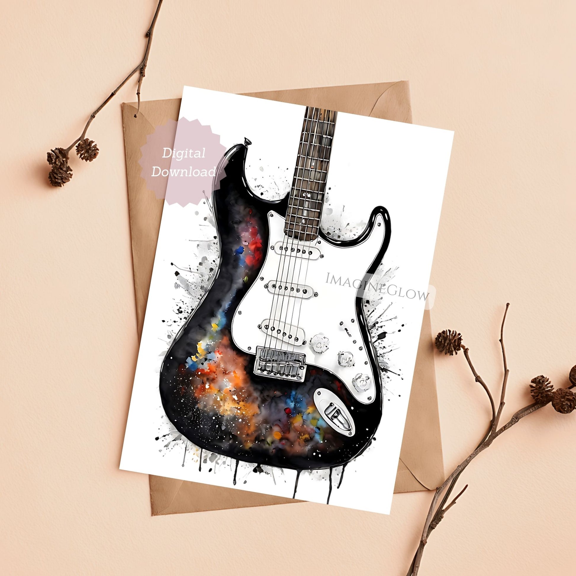 Greeting card with a colorful electric guitar design on a beige background