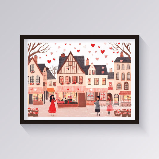 Valentine’s printable romantic heart village artwork