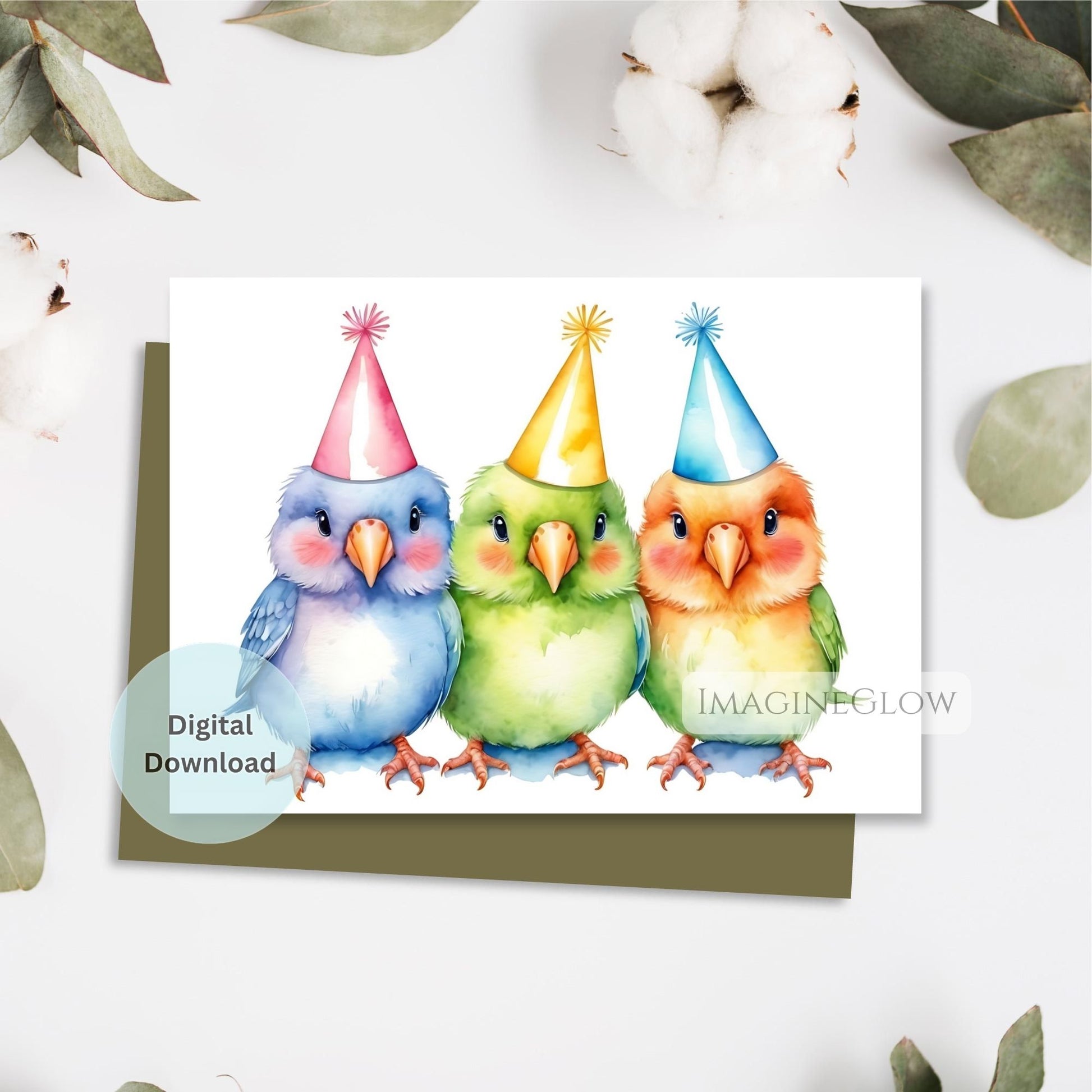 Three cartoon birds wearing party hats on a digital download card