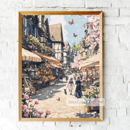 Hand-drawn spring flower market with cobblestone streets and pastel hues.