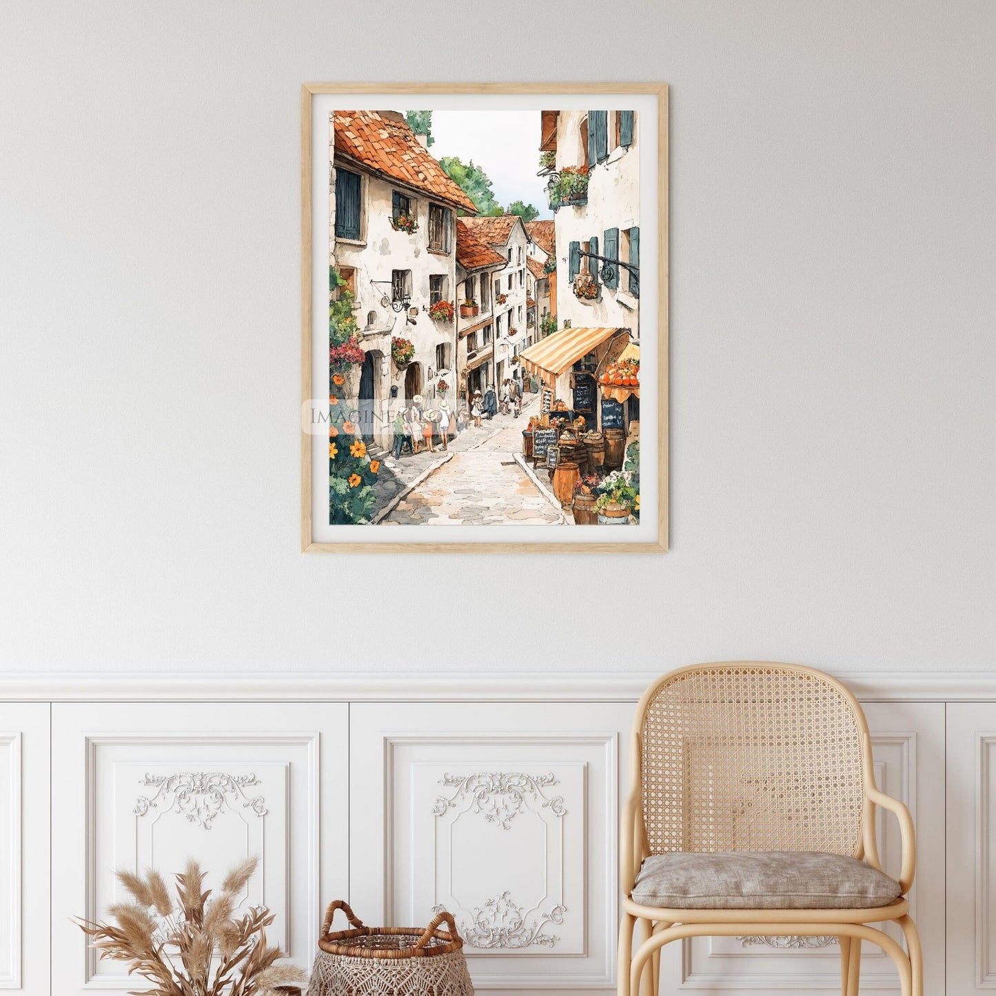 Whimsical spring flower market illustration with soft pastel tones.