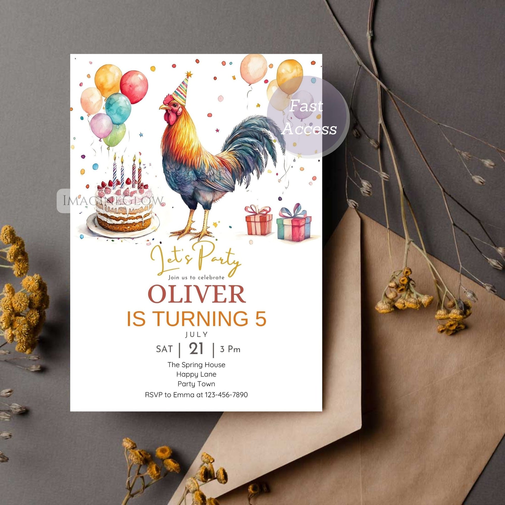 Farm-themed invitation with illustrated rooster