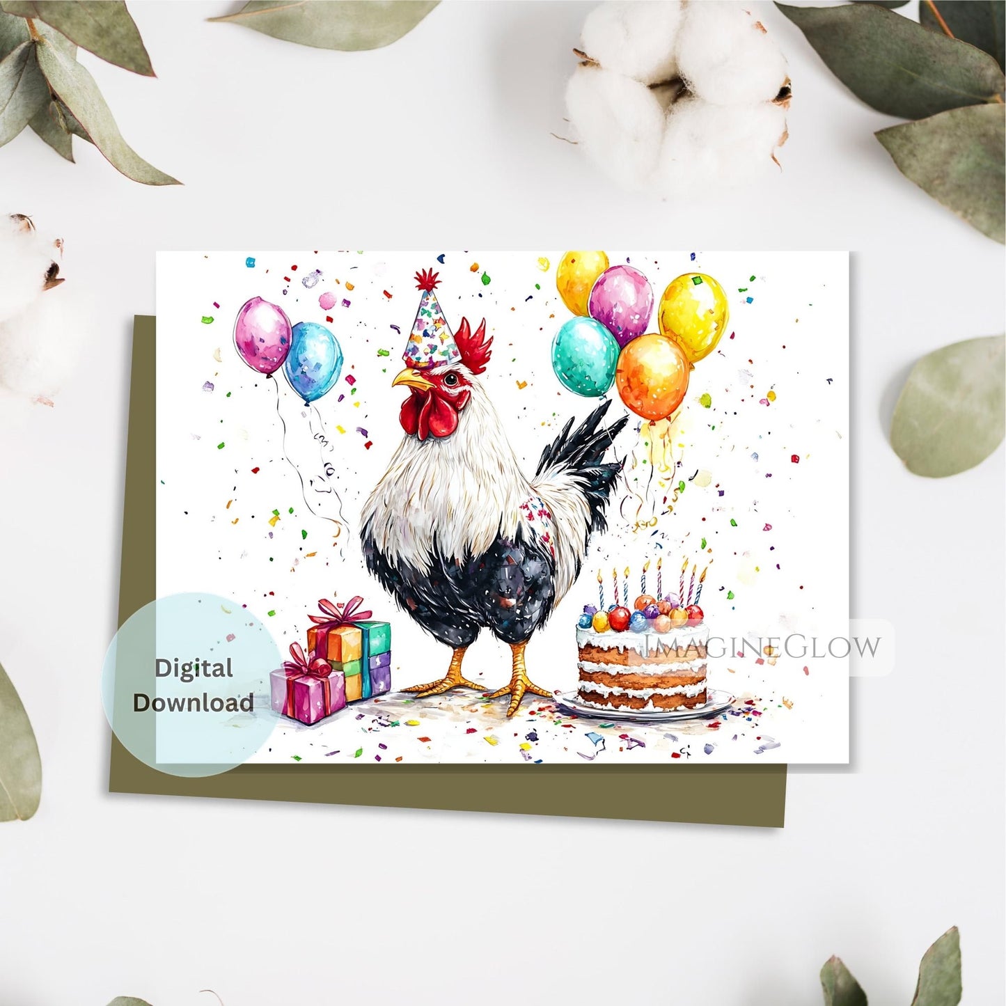 Birthday card with a rooster, balloons, and cake on a white background