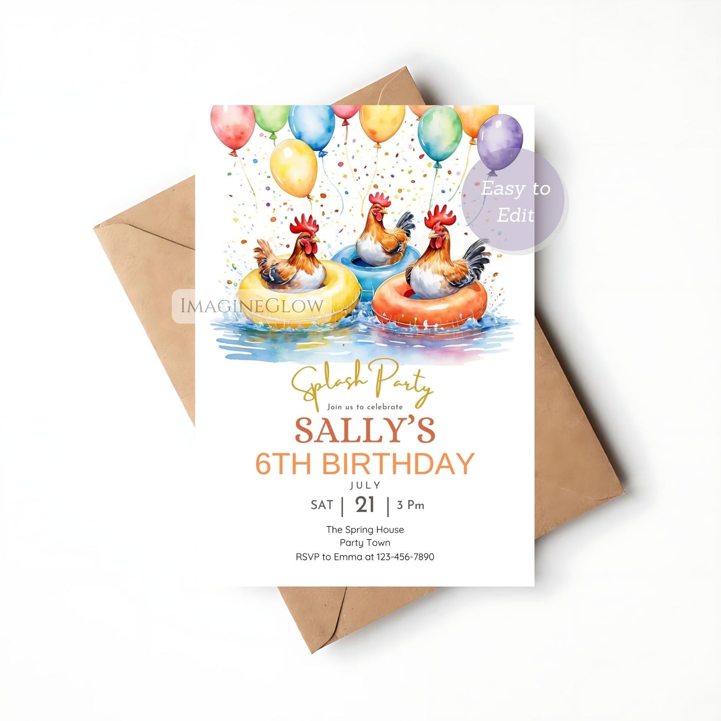 Chicken Pool Party Birthday Invitation – Rooster Swim Party Invite