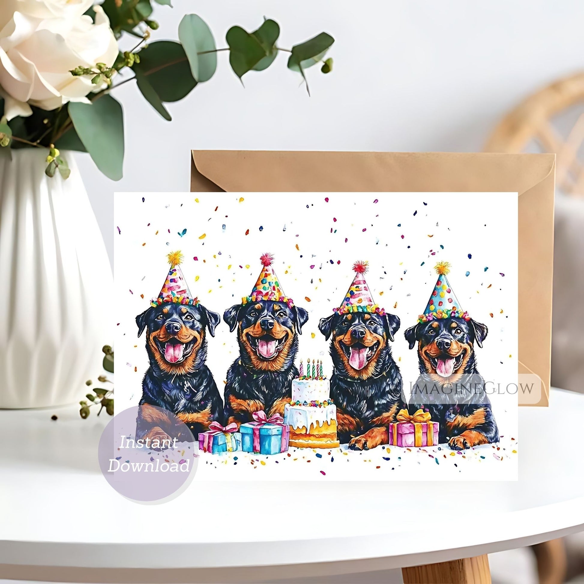 Birthday card with four Rottweilers wearing party hats on a white surface with flowers in the background.