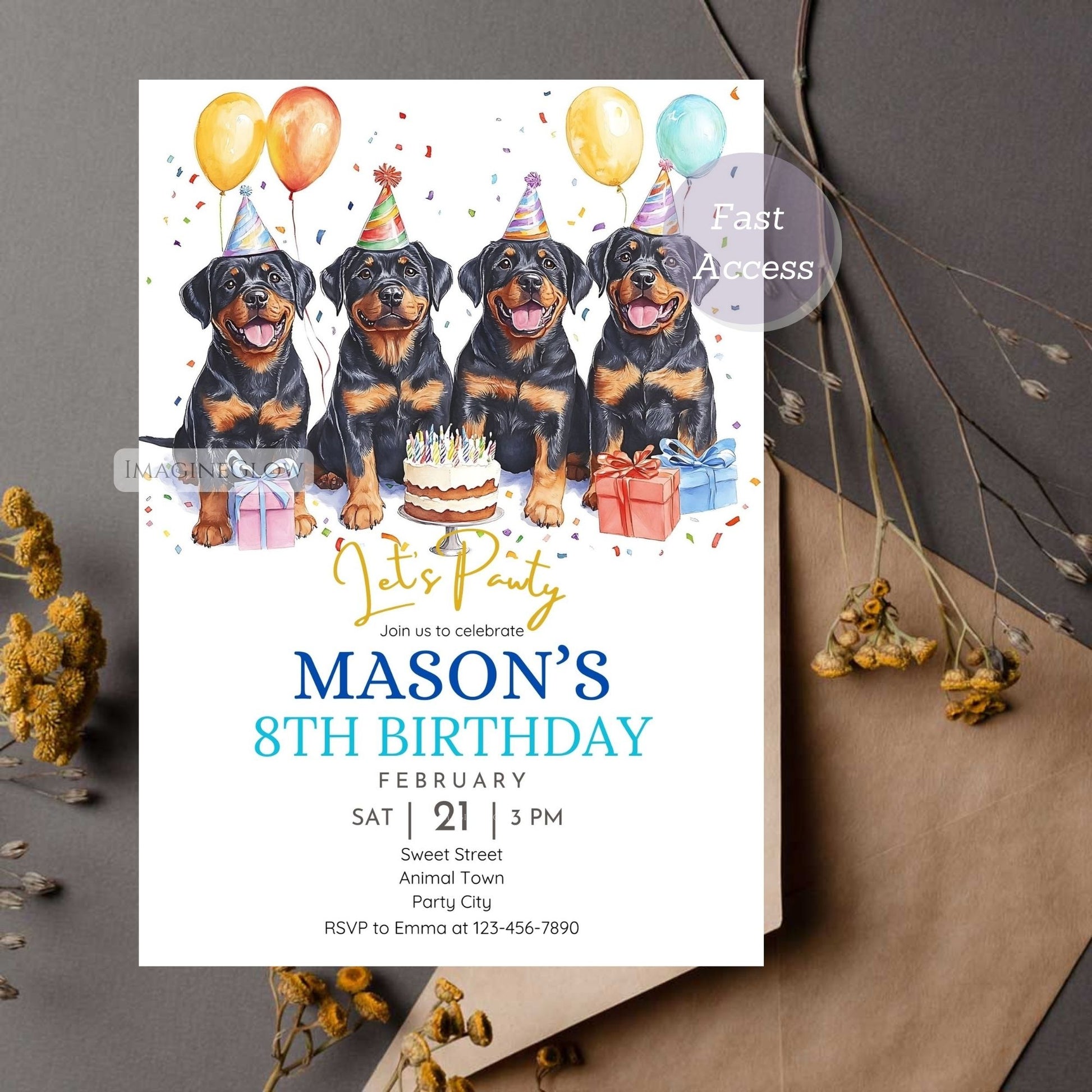 Rottweiler birthday invitation with festive decor.