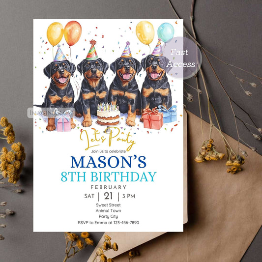 Rottweiler birthday invitation with festive decor.
