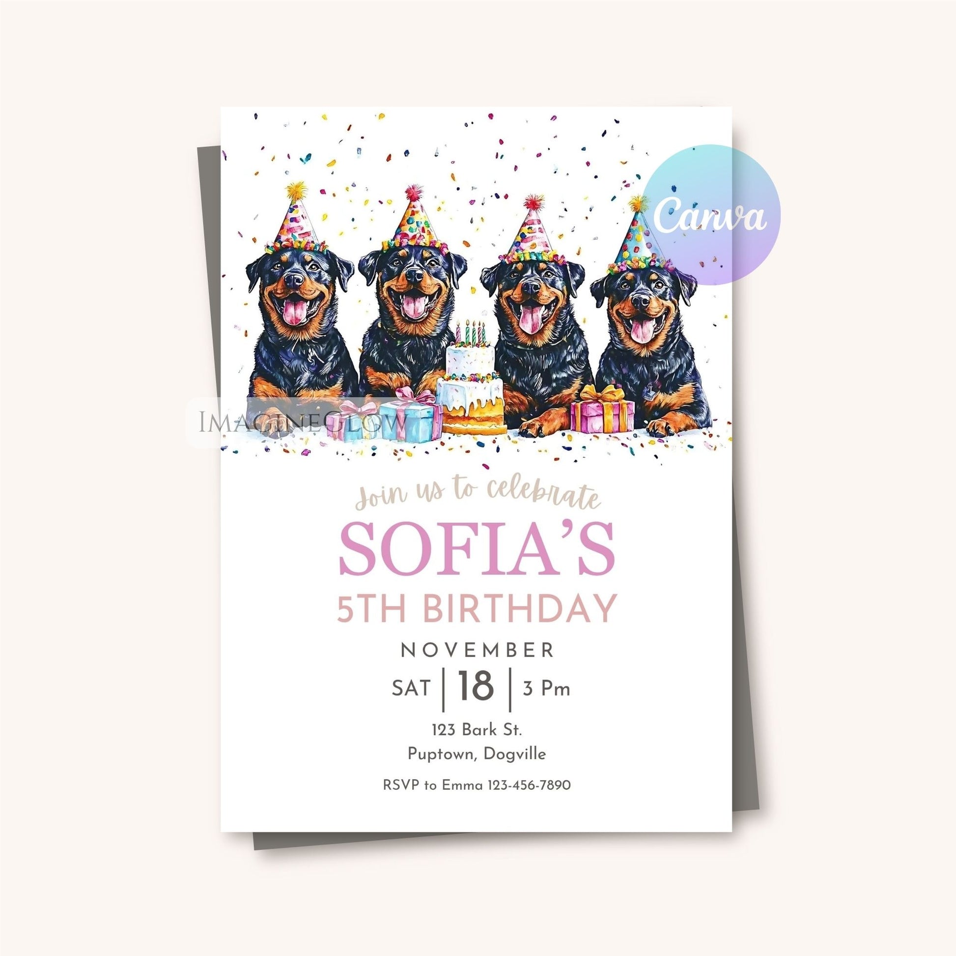 printable rottweiler party invite
digital dog birthday invitation