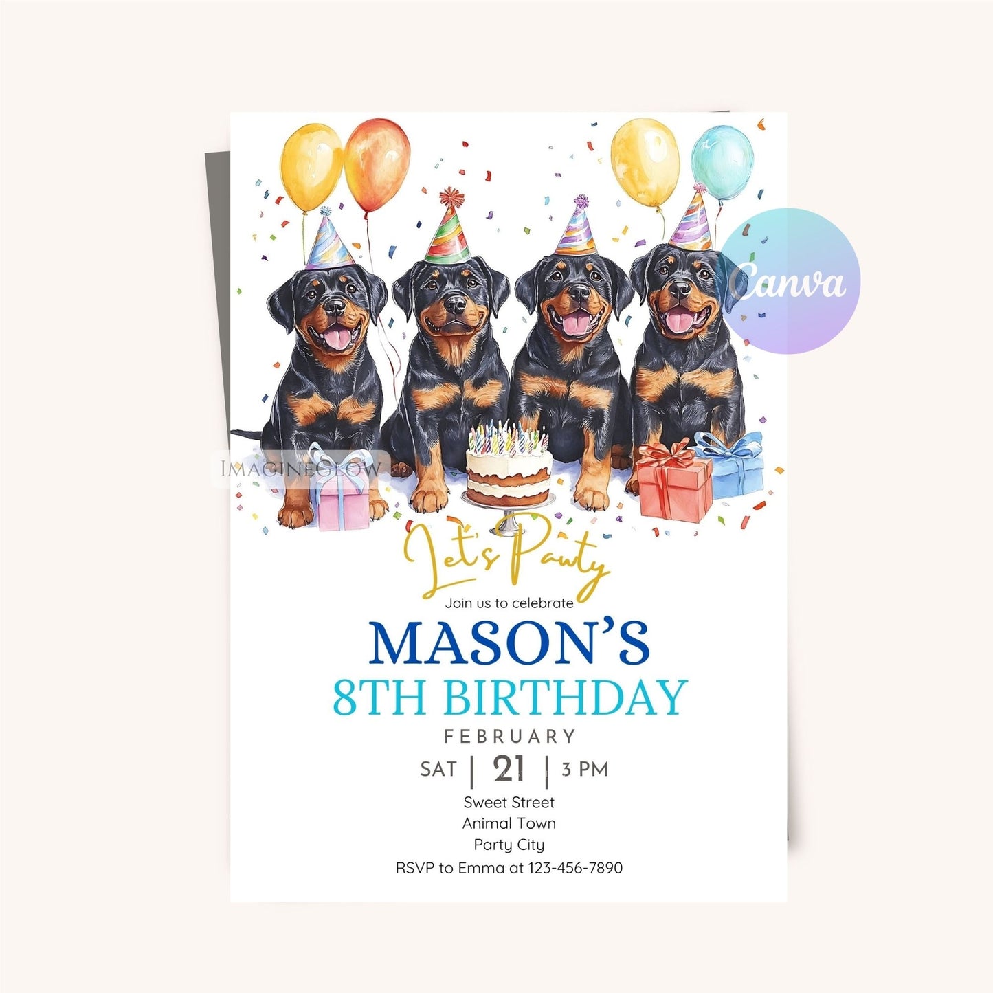 Fun Rottweiler-themed birthday invitation.