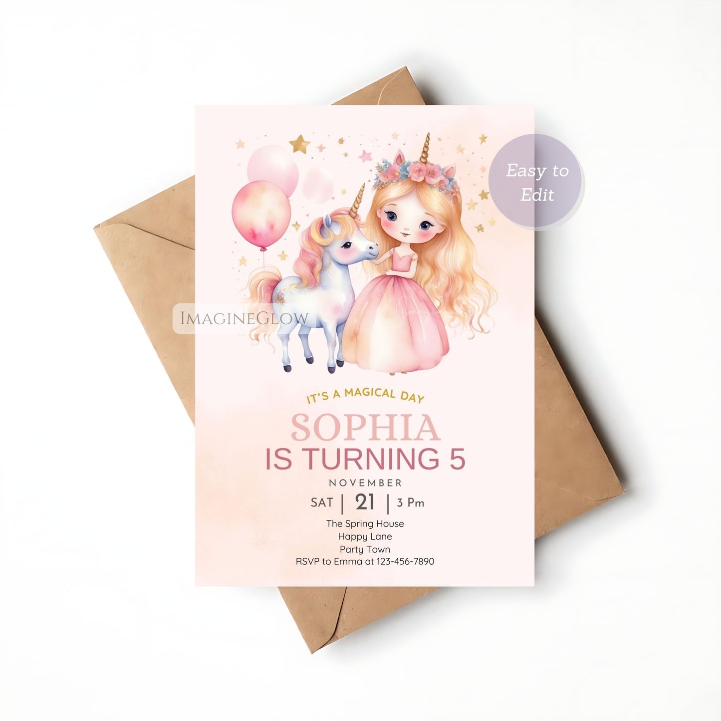 Fantasy birthday party invitation with unicorn & balloons