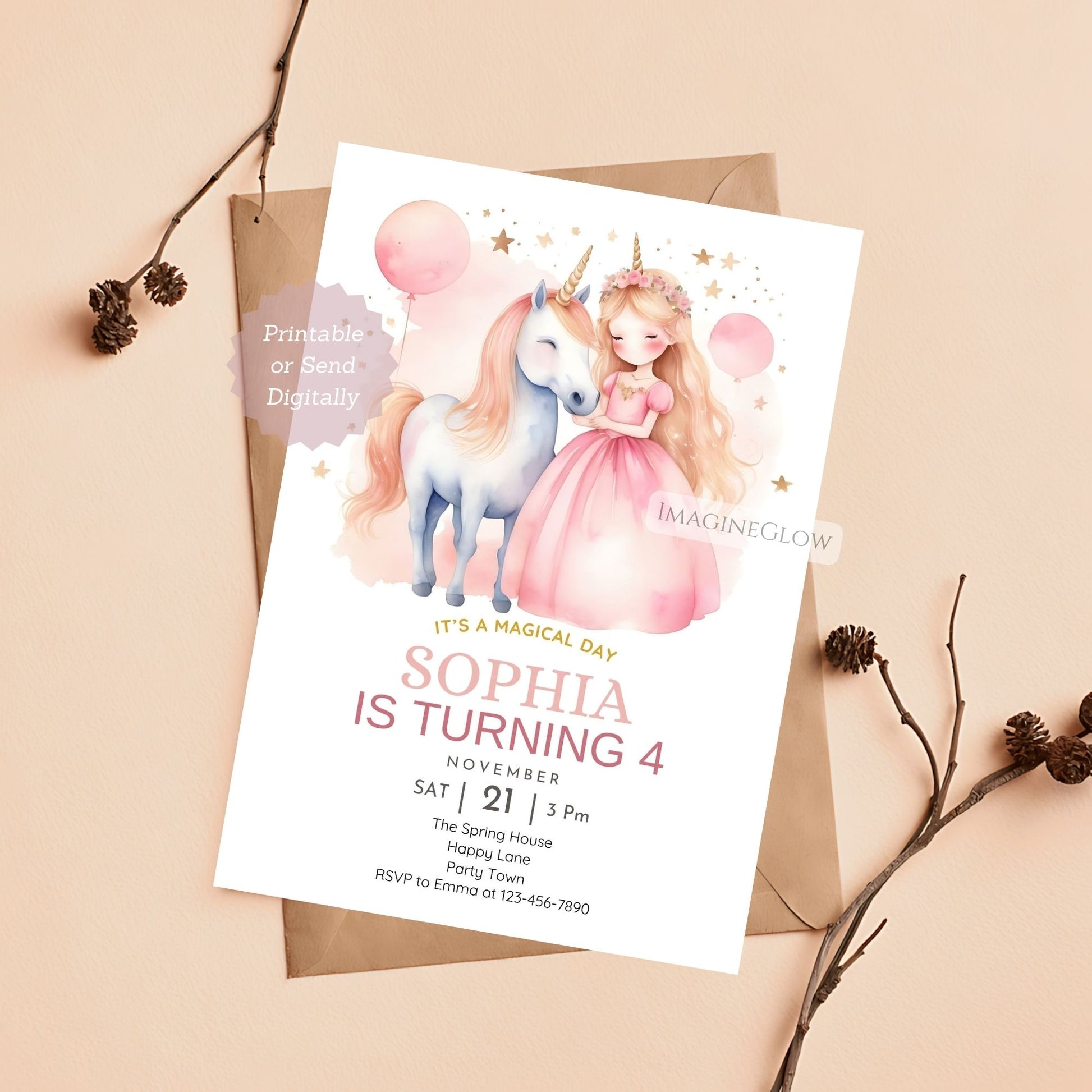 Rainbow and unicorn-themed princess birthday invite